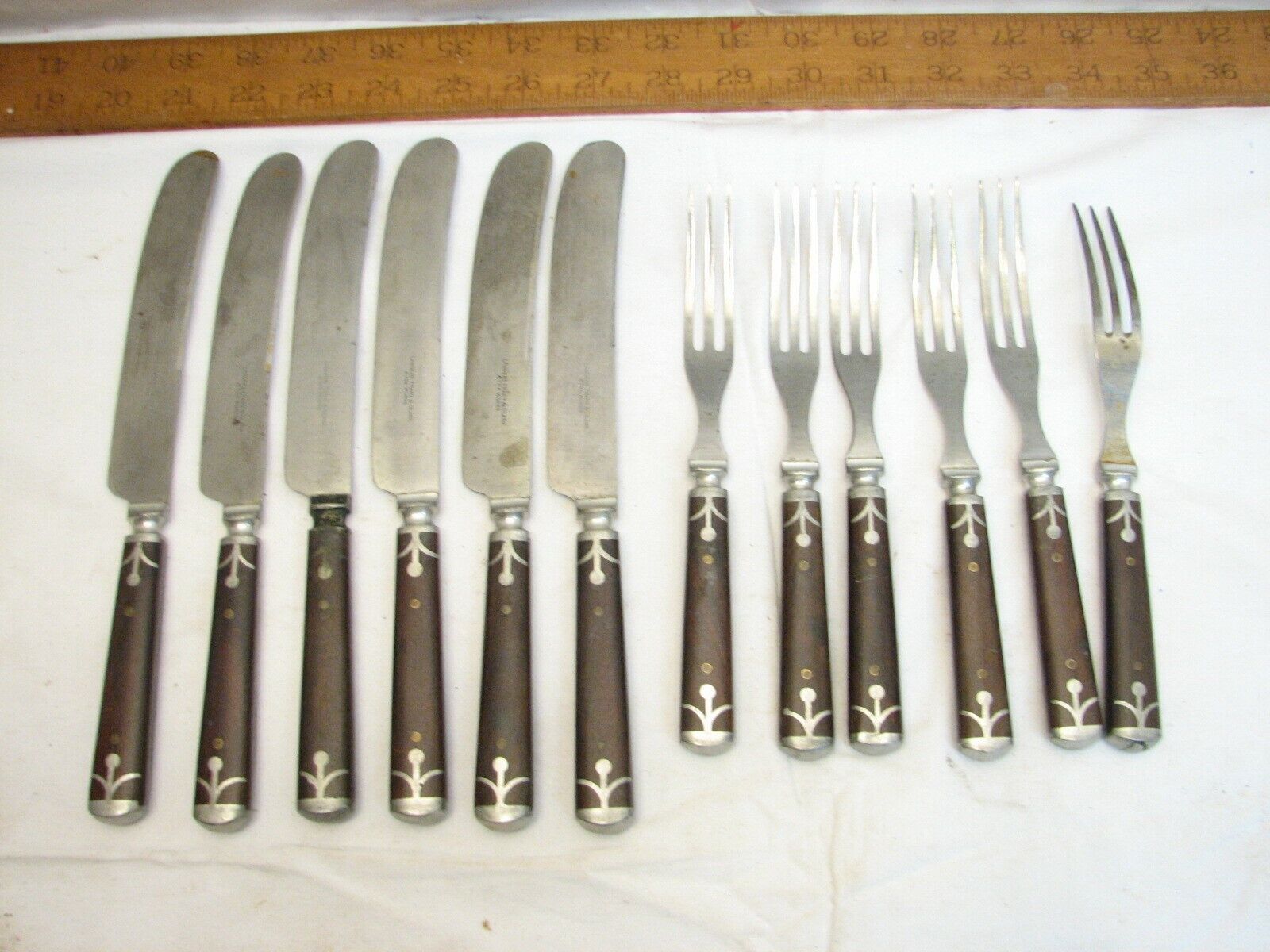 Antique Ornate Wooden Handled Flatware 3-Tine Fork Knives Landers Frary Clark