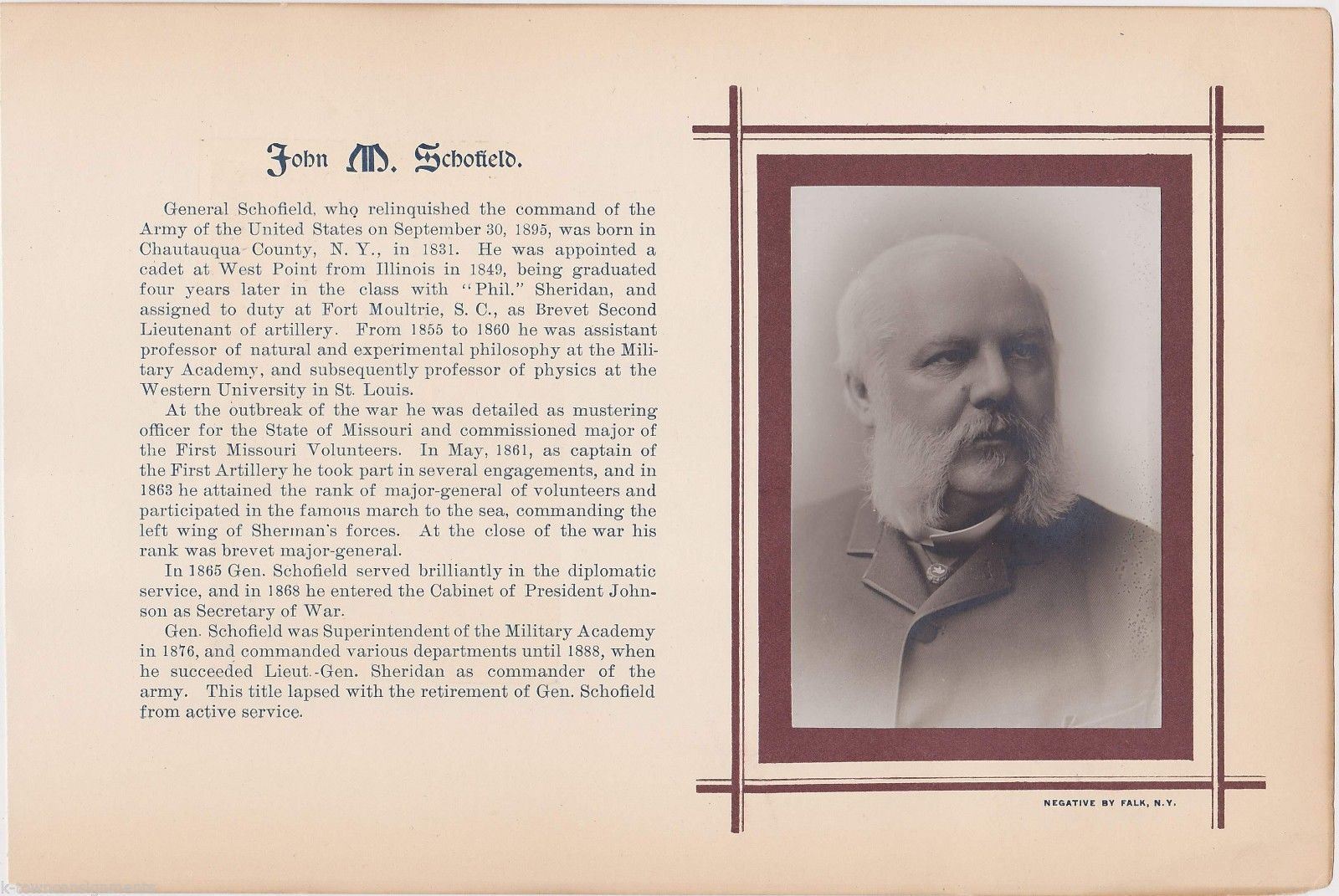 John Schofield US Sec. of War Civil War Medal of Honor Antique Bio Photo Print