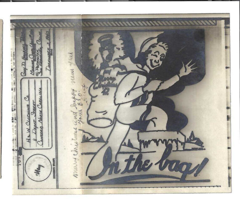 VTG 1942 WWII CHRISTMAS CARD SANTA SAILOR WITH TOJO 'IN THE BAG' CARTOON/V-MAIL