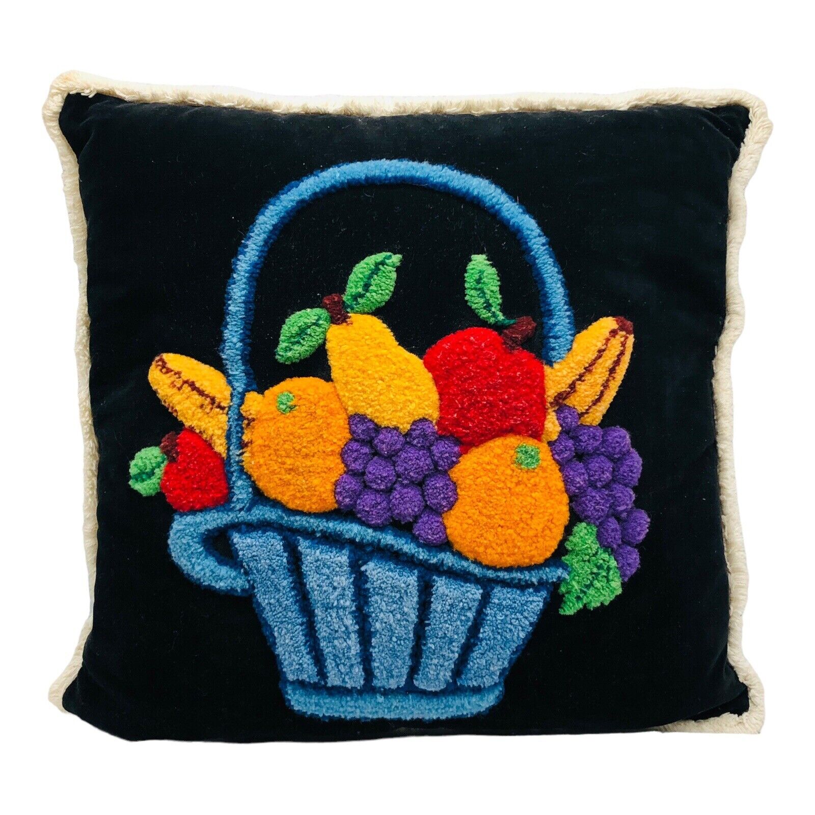 VTG Hand Punch Needle Black Velvet Colorful Fruit Basket Pillow Kitsch Fringe