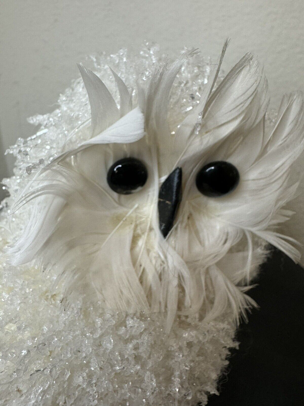 Snowy Owl Figurine Sugar Flocked Shiny Snow White Feathers Big Eyed Owl