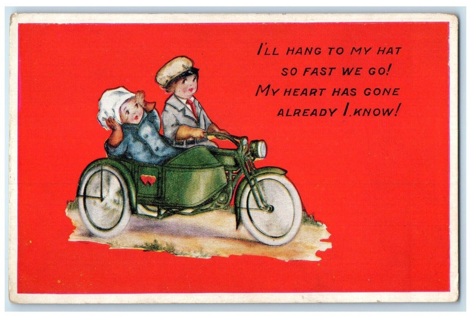 c1910's Motorcycle Driving Fast I'll Hang To My Hat So Fast We Go Postcard