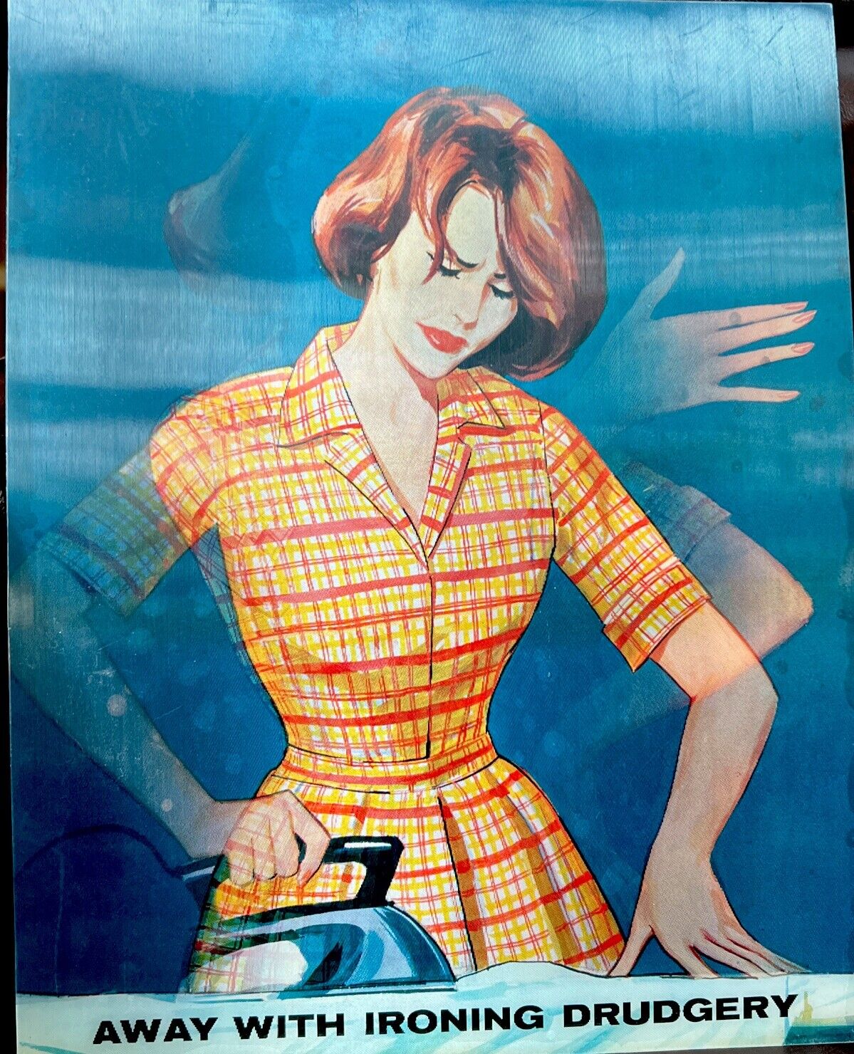 VINTAGE 1960S ADVERTISING LENTICULAR VARI-VUE 2 Phase Woman Ironing NOS 11x 14