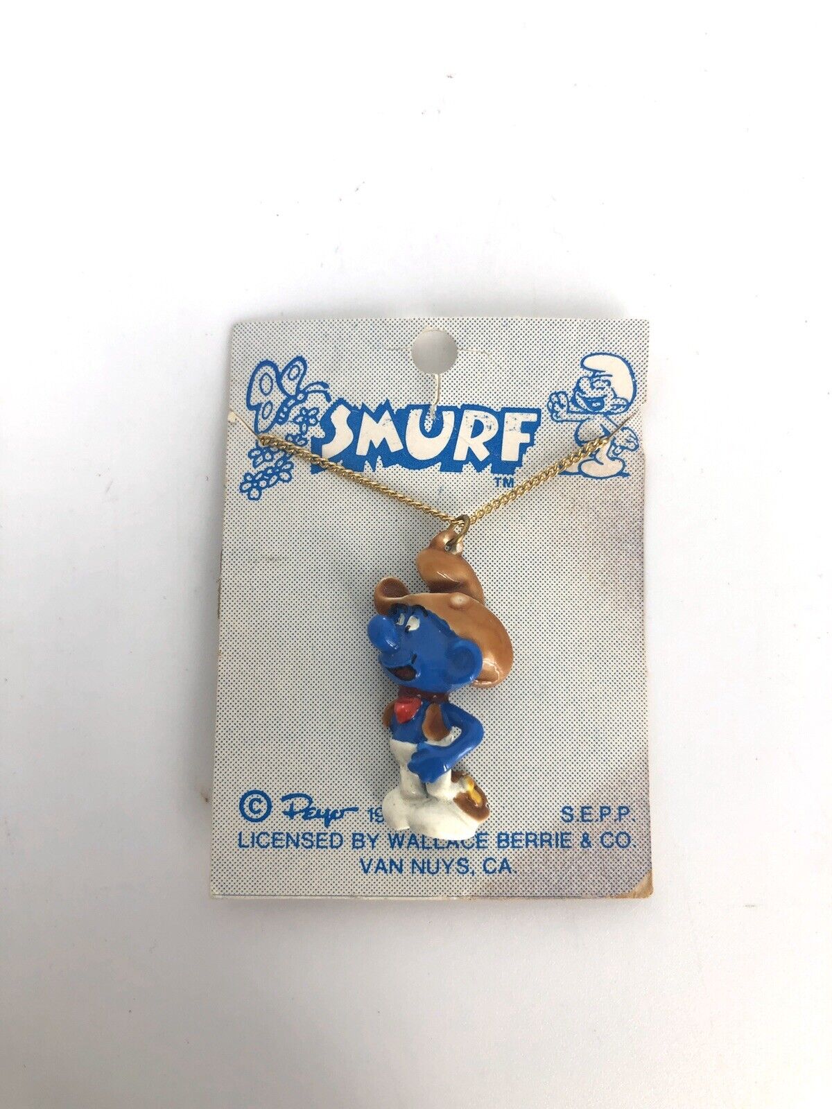Vintage PEYO Smurf Cowboy Necklace Pendant Chain Collectible 1981 Painted Enamel