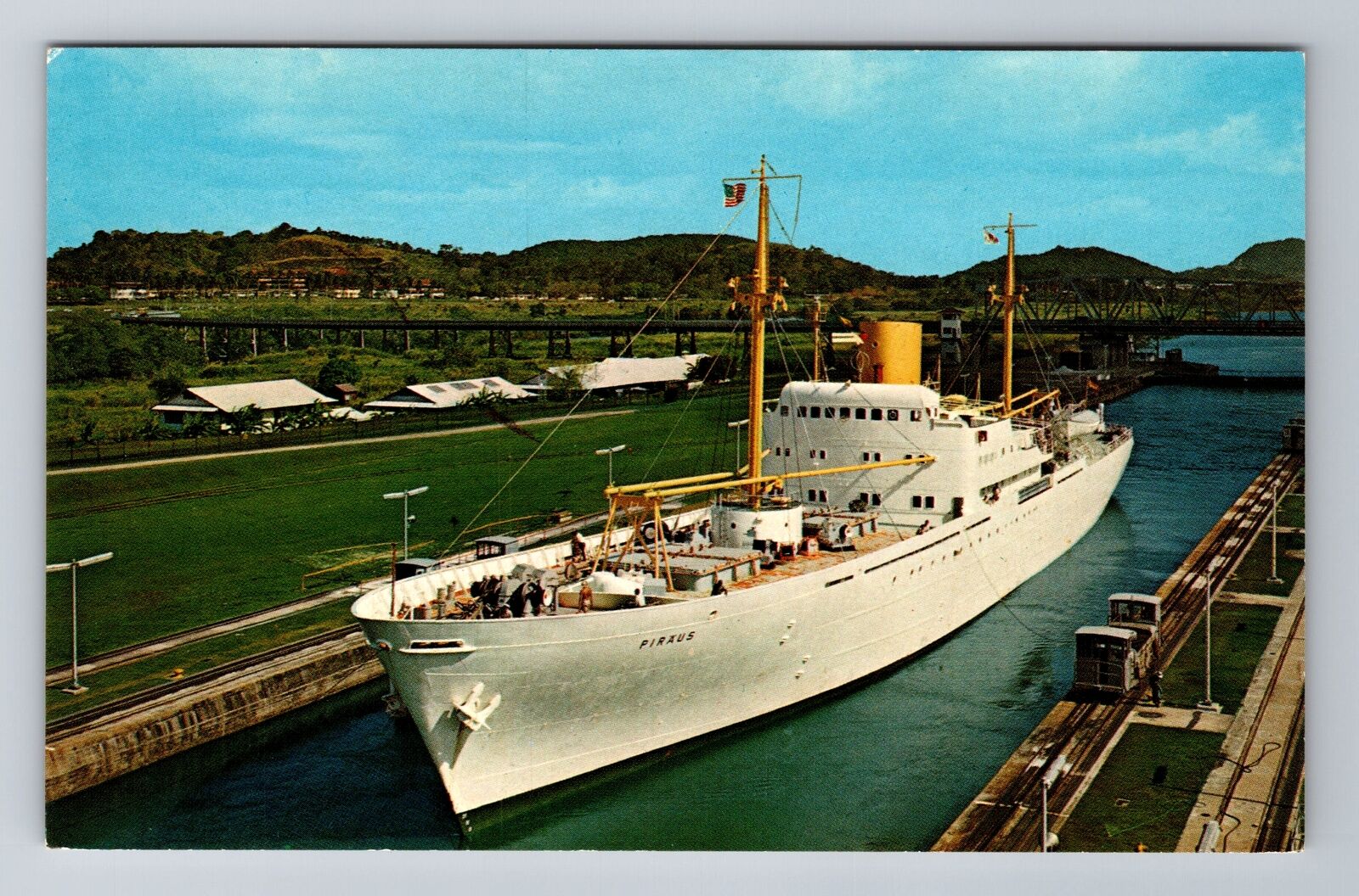 Panama Canal, Ship Passing Through Canal, Antique Vintage Souvenir Postcard