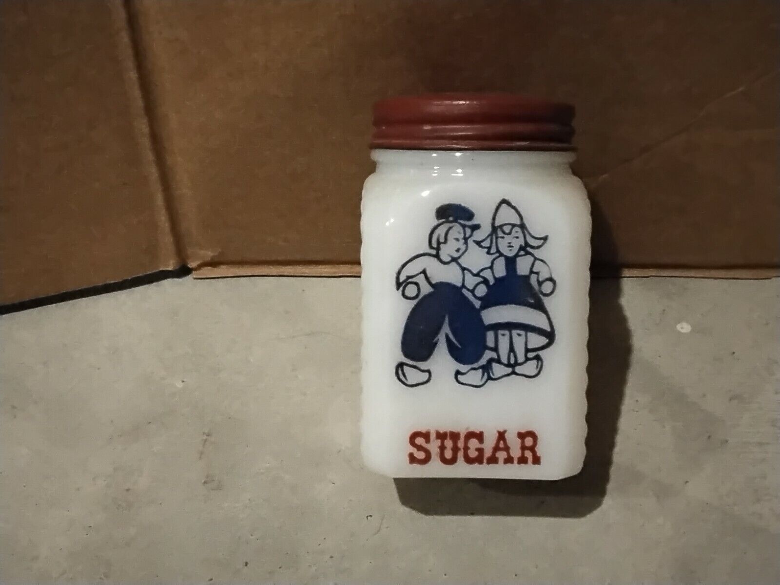 Vintage McKee(?) Milk Glass Sugar Shaker With Dutch Boy And Girl-HTF