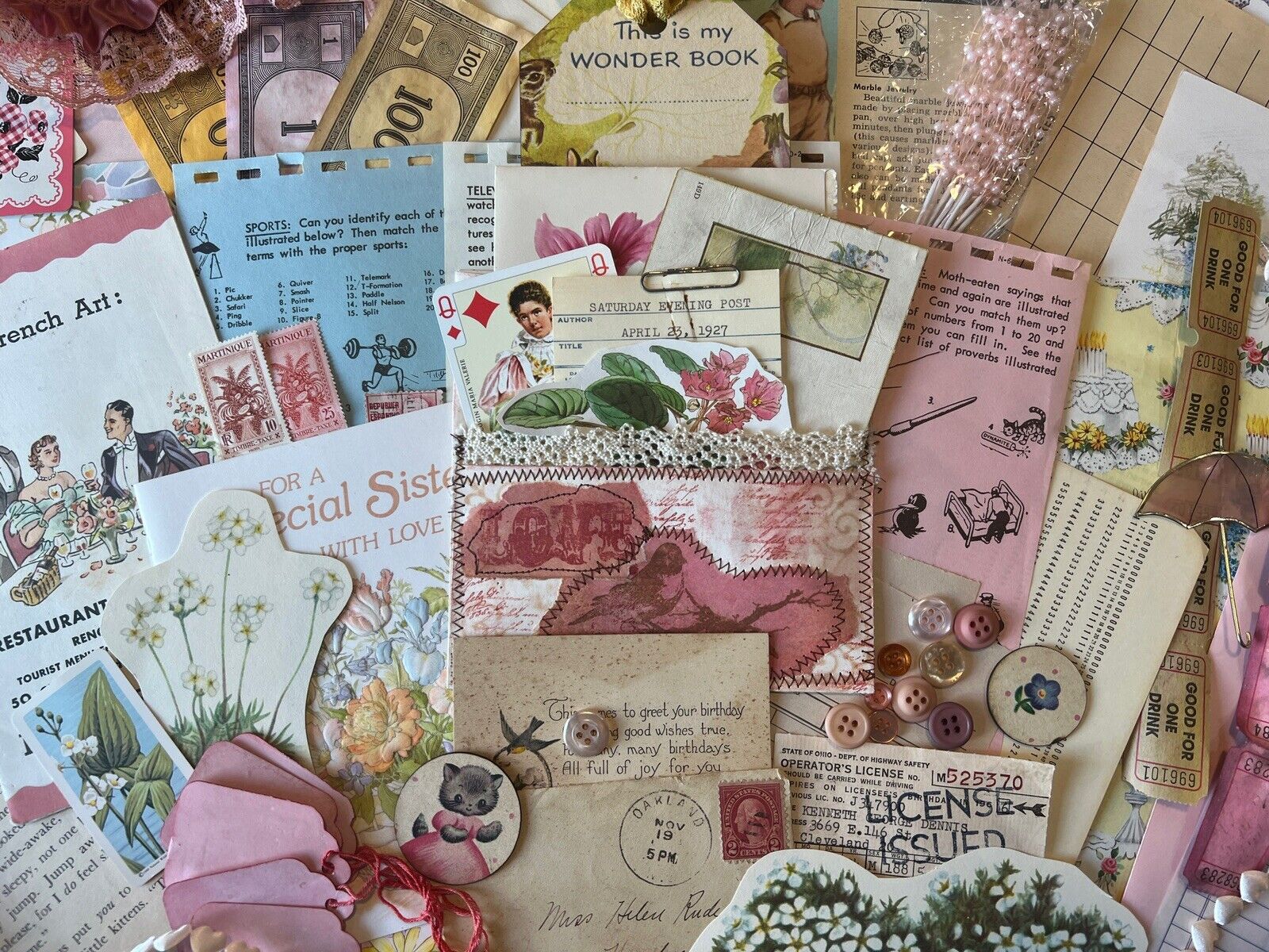 Vintage Ephemera Antique Paper  Junk Journal Kit Mixed Media Crafts Autumn Pink