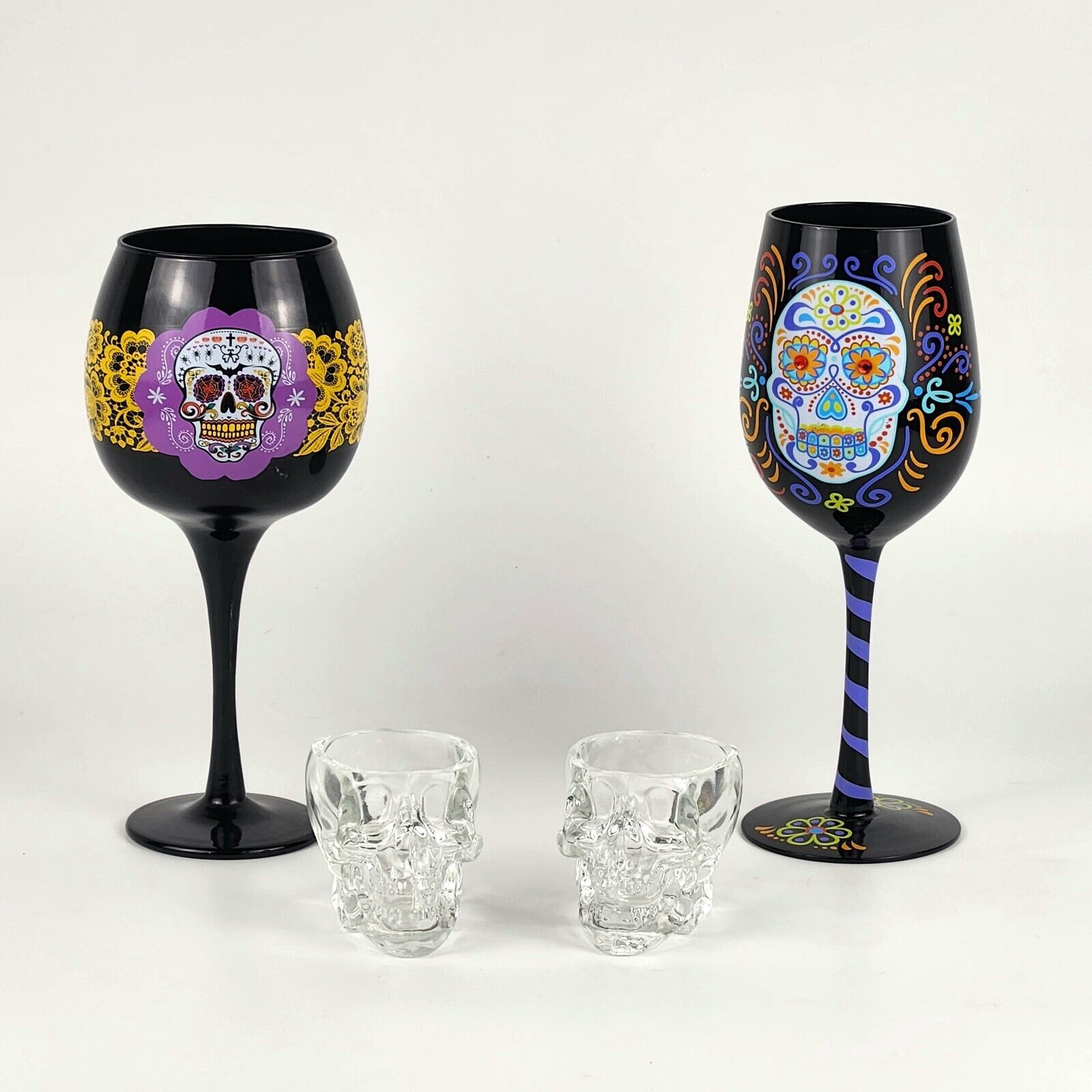 Sugar Skull Lot - 2 Goblets and 2 Skull Shaped Shot Glasses - Unique and Stylish