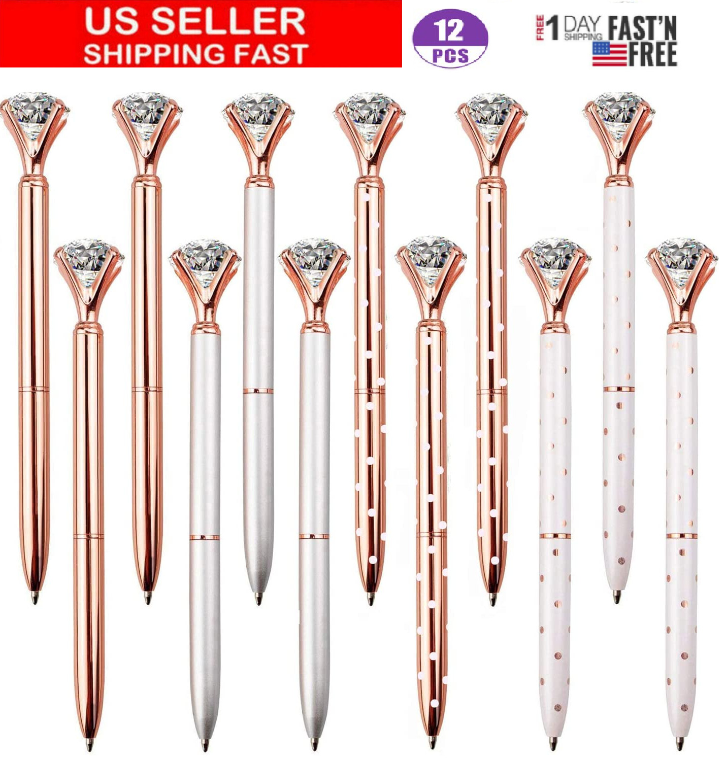 12 PCS Diamond Pen With Big Crystal Bling Metal Ballpoint Pen, Office Supplies