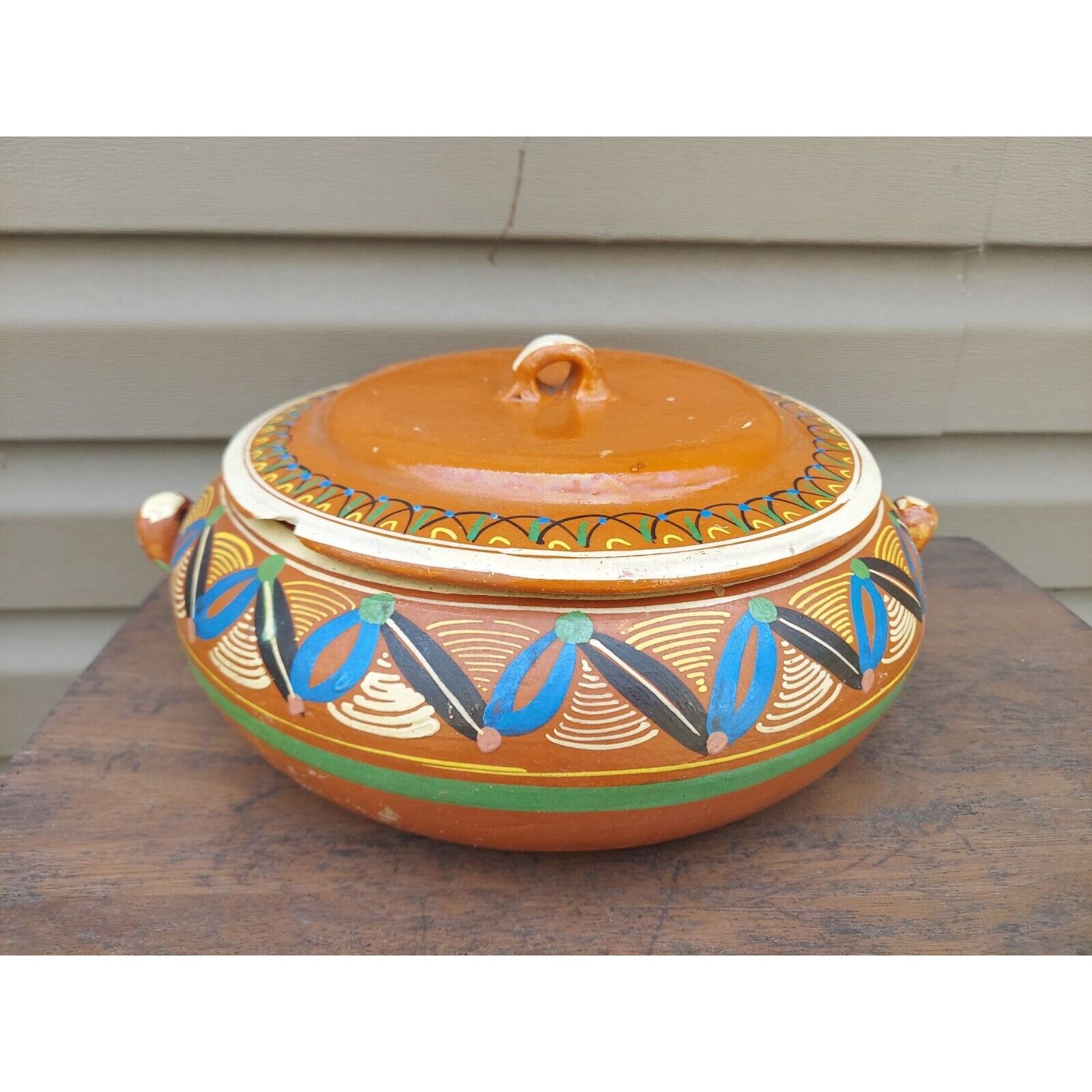 Large Vintage Tlaquepaque Mexican Pottery Covered Dish - LID AS IS -