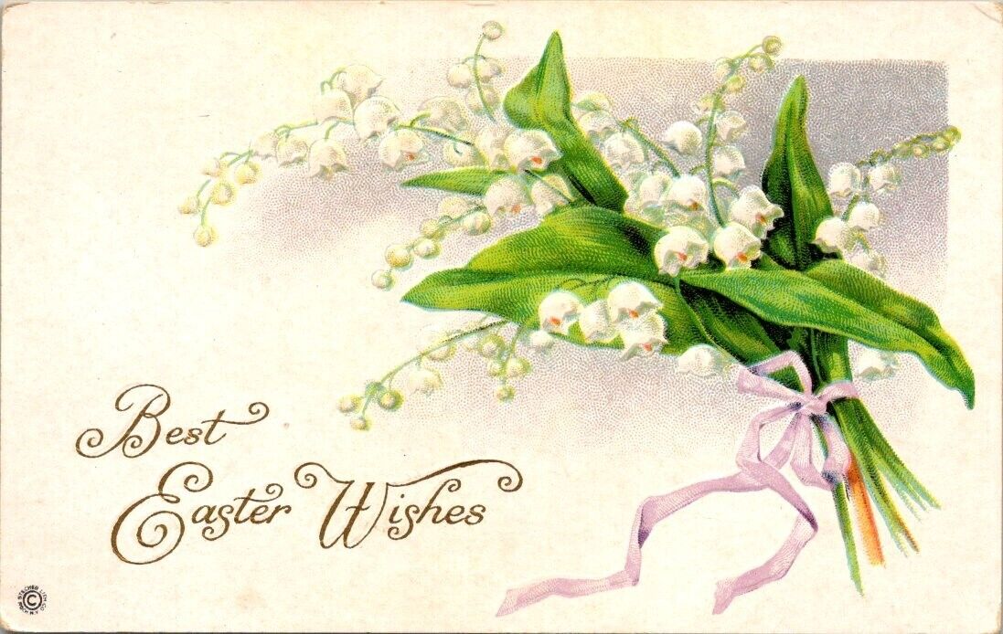 vintage postcard - BEST EASTER WISHES white flower bouquet embossed unposted