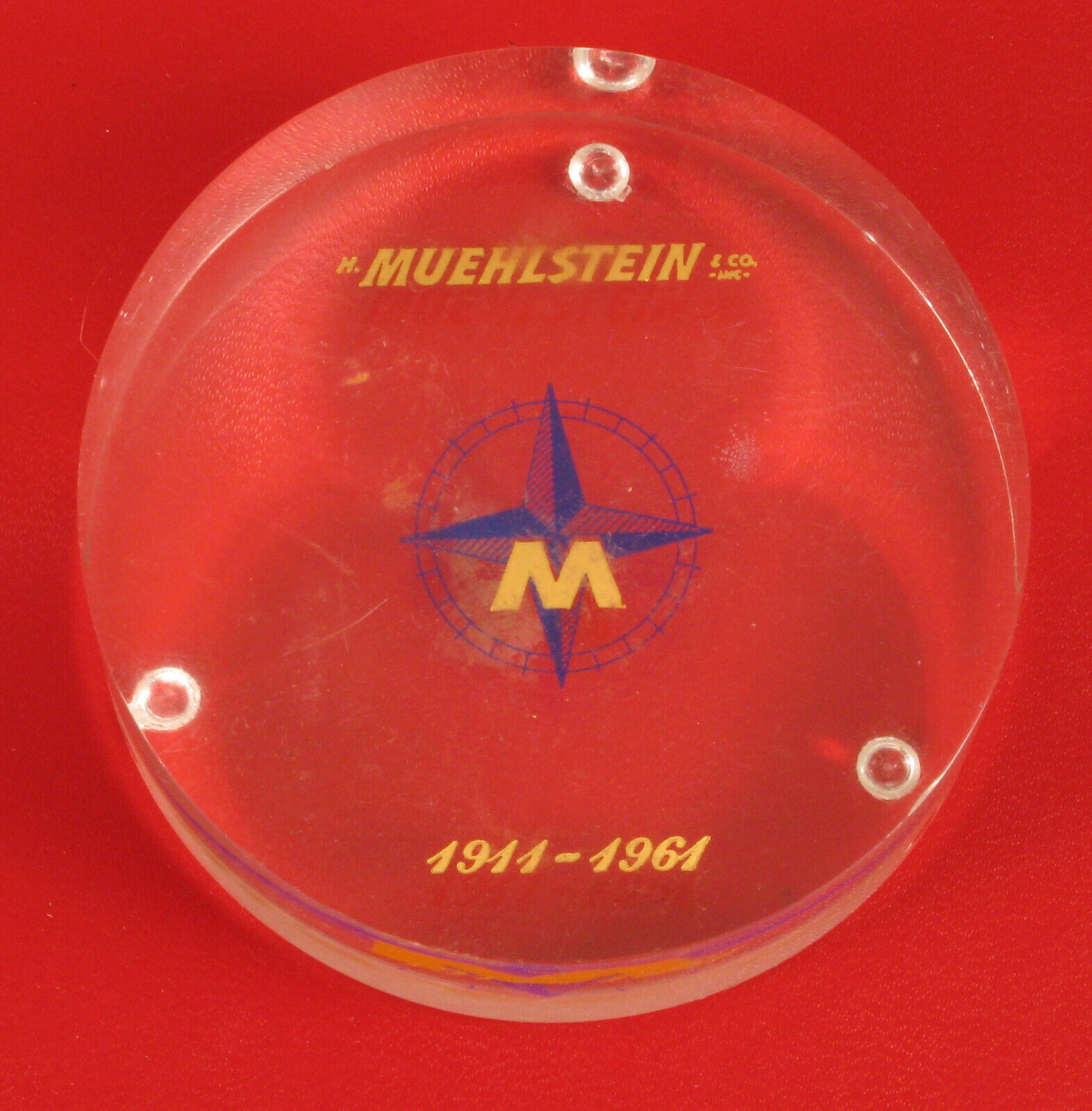 VINTAGE H. MUEHLSTEIN Co. 1911 - 1964 LUCITE ADVERTISING PAPERWEIGHT PLASTIC 