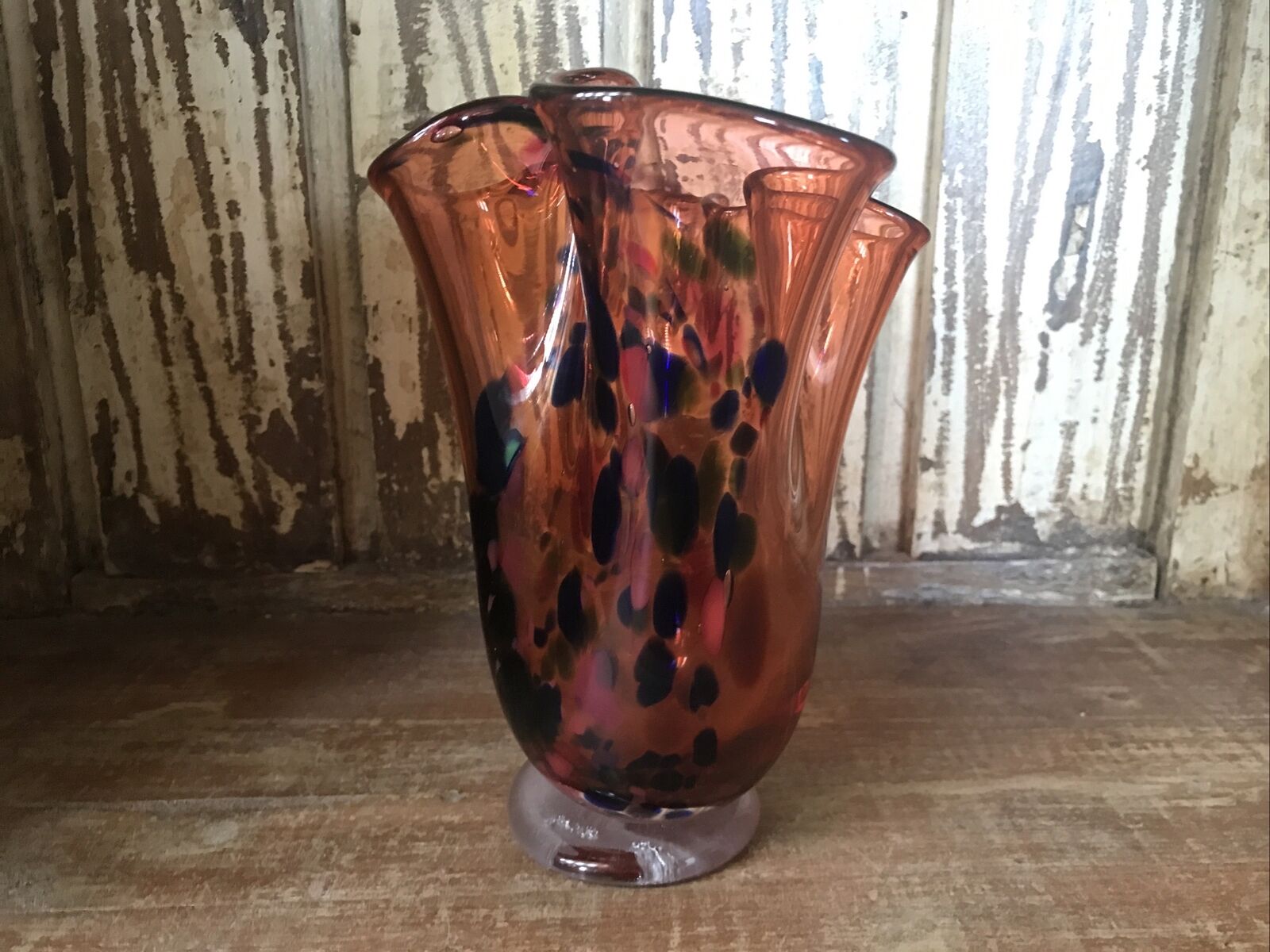 Vintage Art Glass Vase Heavy Orange Speckled Confetti Swung Handkerchief Murano
