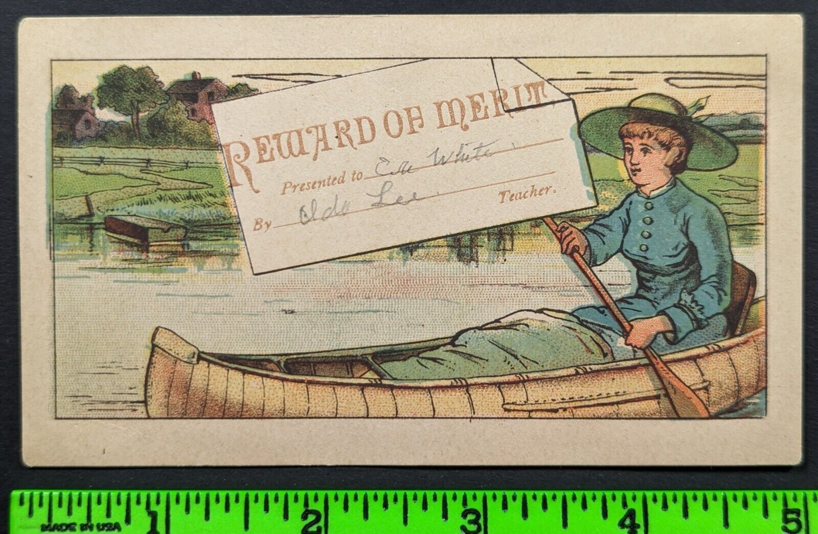 Vintage 1880\'s Woman Canoeing Canoe Reward Merit Trade Card