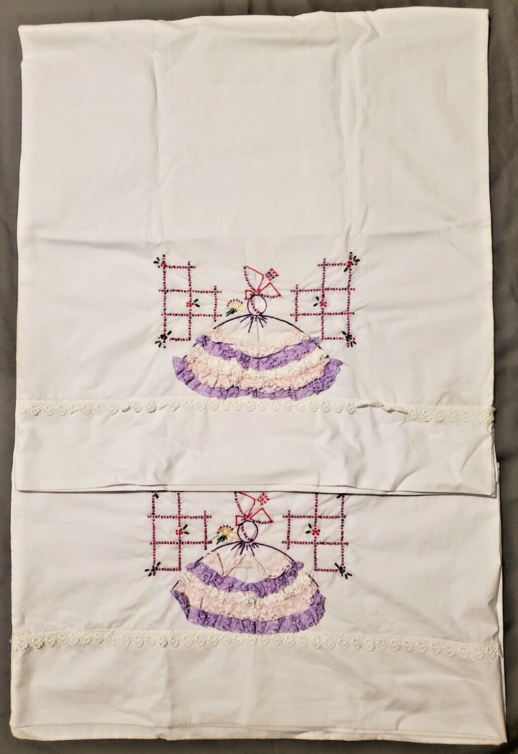 Pair Pillow Cases Vintage Cross Stitch Embroidery Girl In Hat Bedding Sheets