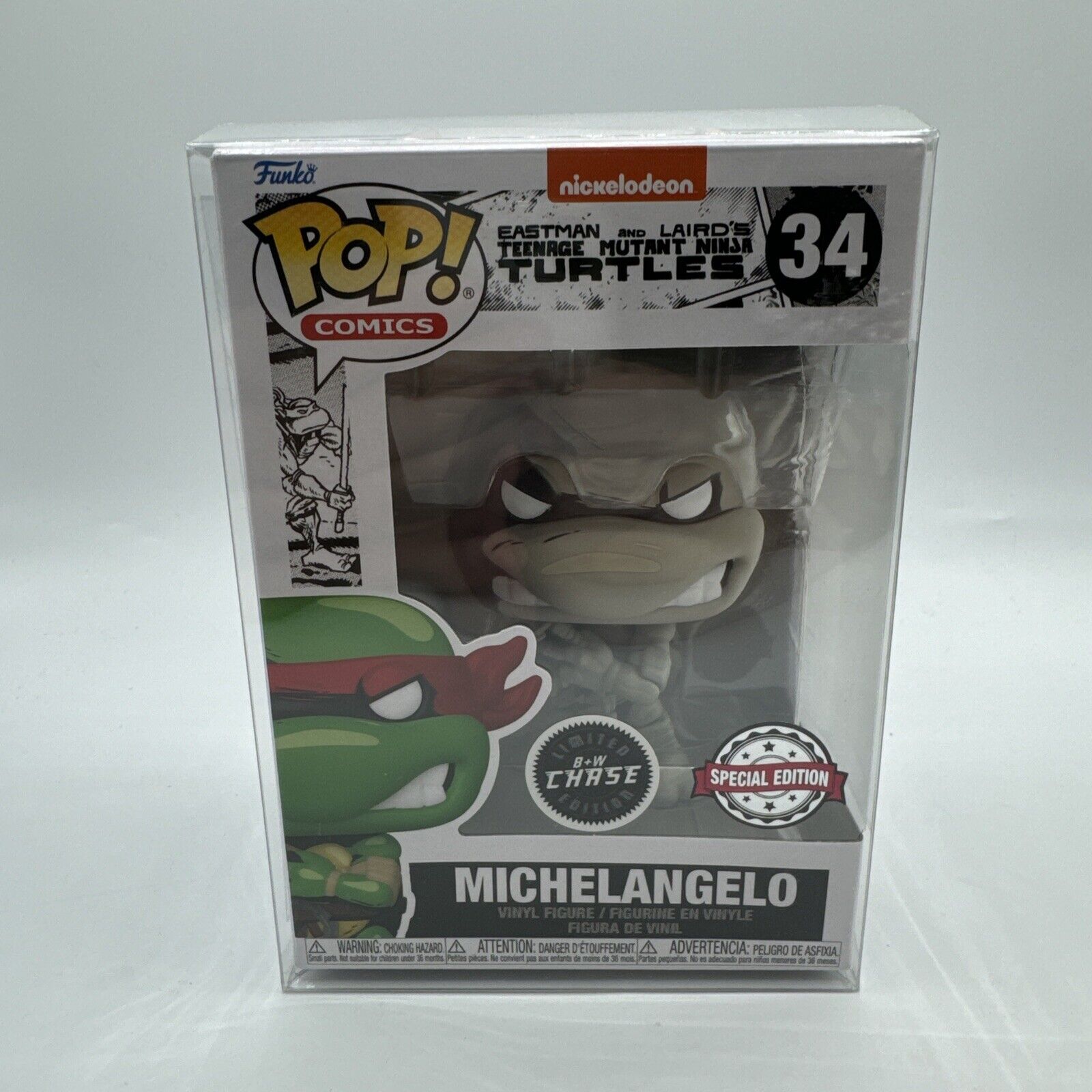 Funko Pop TMNT Michelangelo CHASE Black & White #34 PX Exclusive with Protector