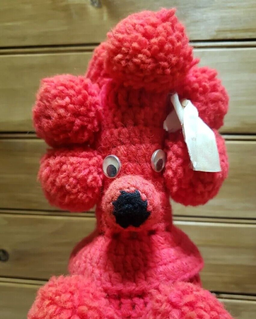 Vintage 70’s Crochet Red Pom-Pom Poodle Bottle Cover 13\