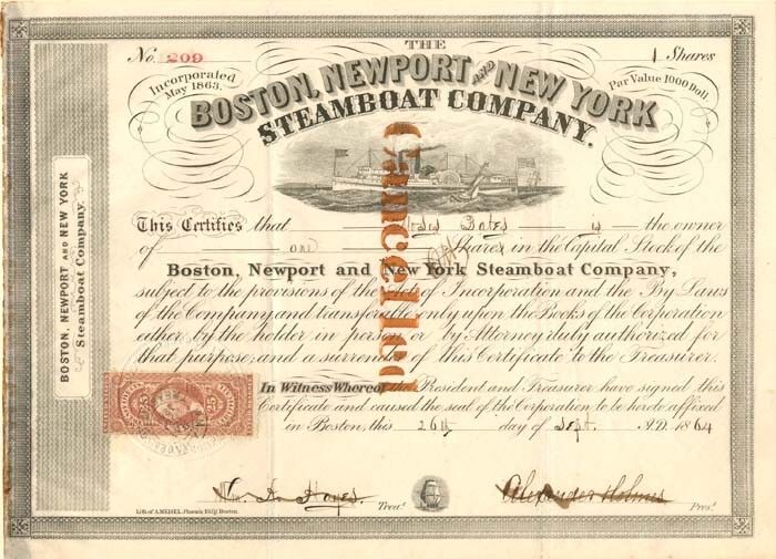 Boston, Newport and New York Steamboat Co. - Stock Certificate - Shipping Stocks