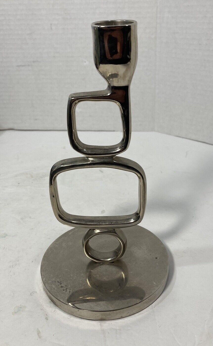 Mid Century Modern Polished Steel 7” Geometric Candlestick Candle Holder