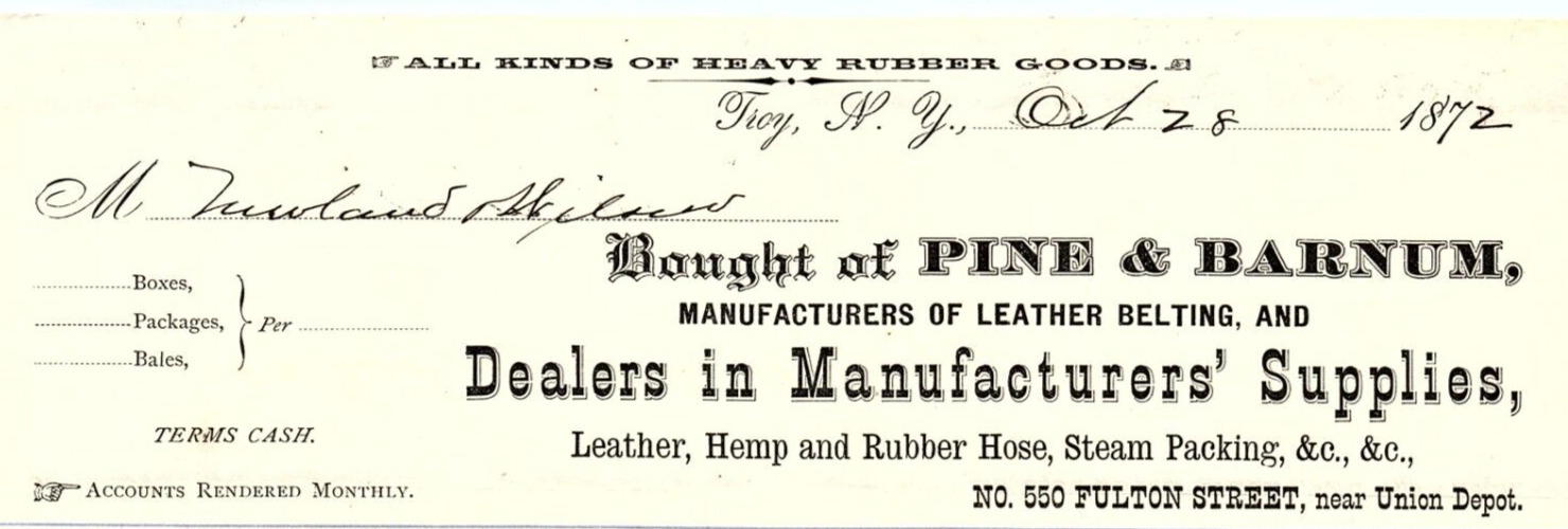 1872 TROY NY PINE & BARNUM LEATHER HEMP RUBBER HOSE BILLHEAD INVOICE Z1566