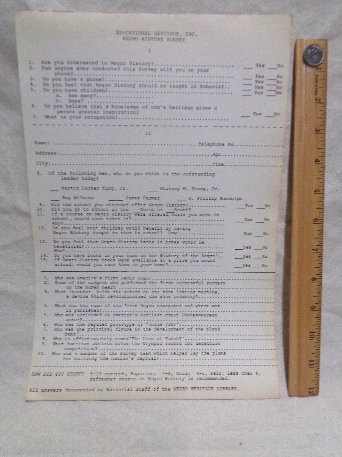1967 Civil Rights Vintage Brooklyn  Questionnaire sheet  Wilkins Black Heritage