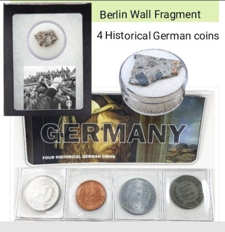 Genuine Berlin Wall Fragment + 4 Historical German Coins (West Germany Included)