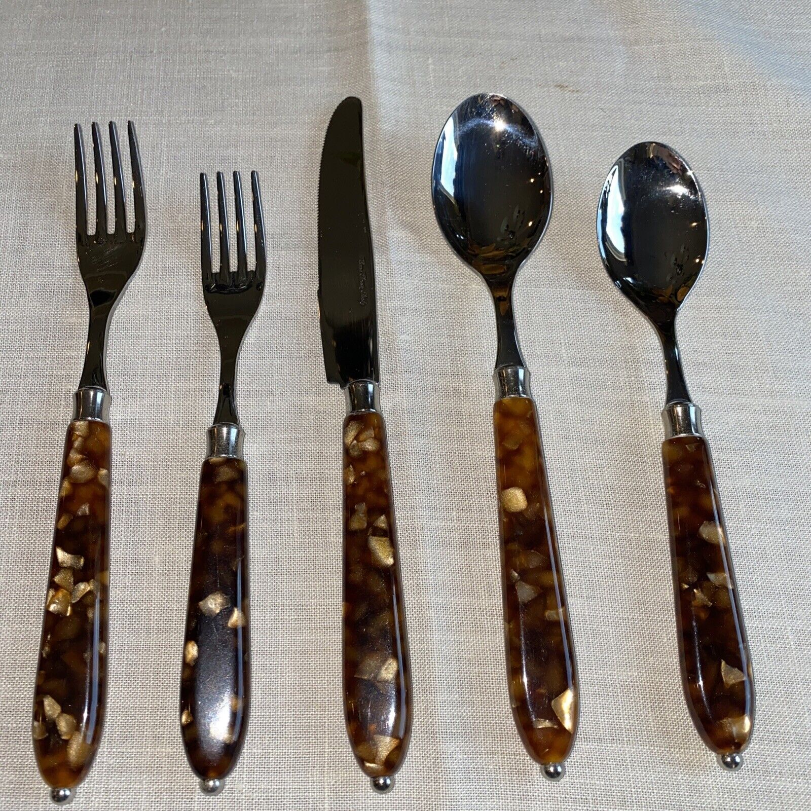Eme Lucite Tortoise Five Piece 18 / 10 Stainless Steel Flatware Set Italy NOS