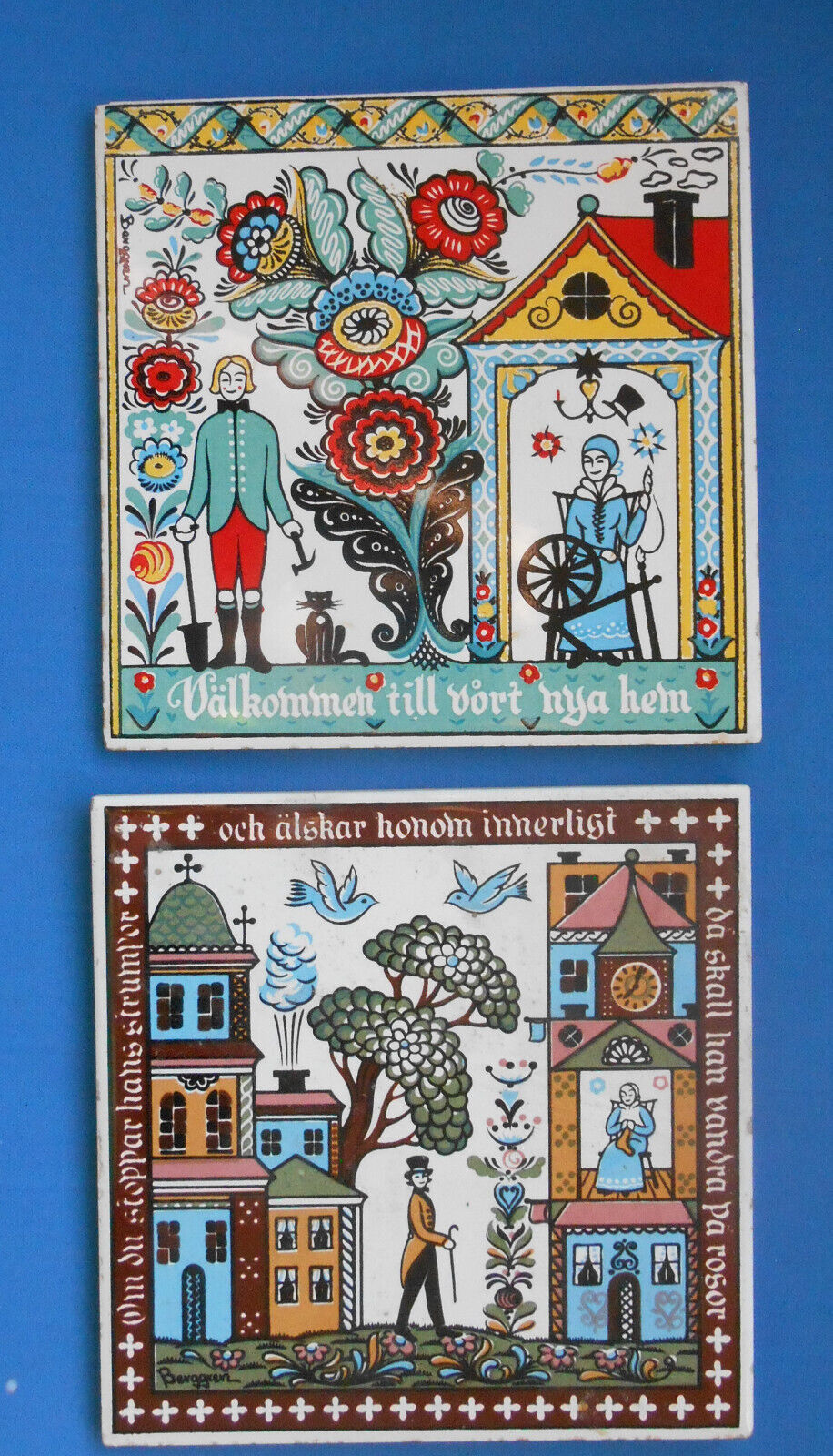2 Vintage trivit Tiles Wall Hanging Ceramic Swedish Welcome to Our new Home