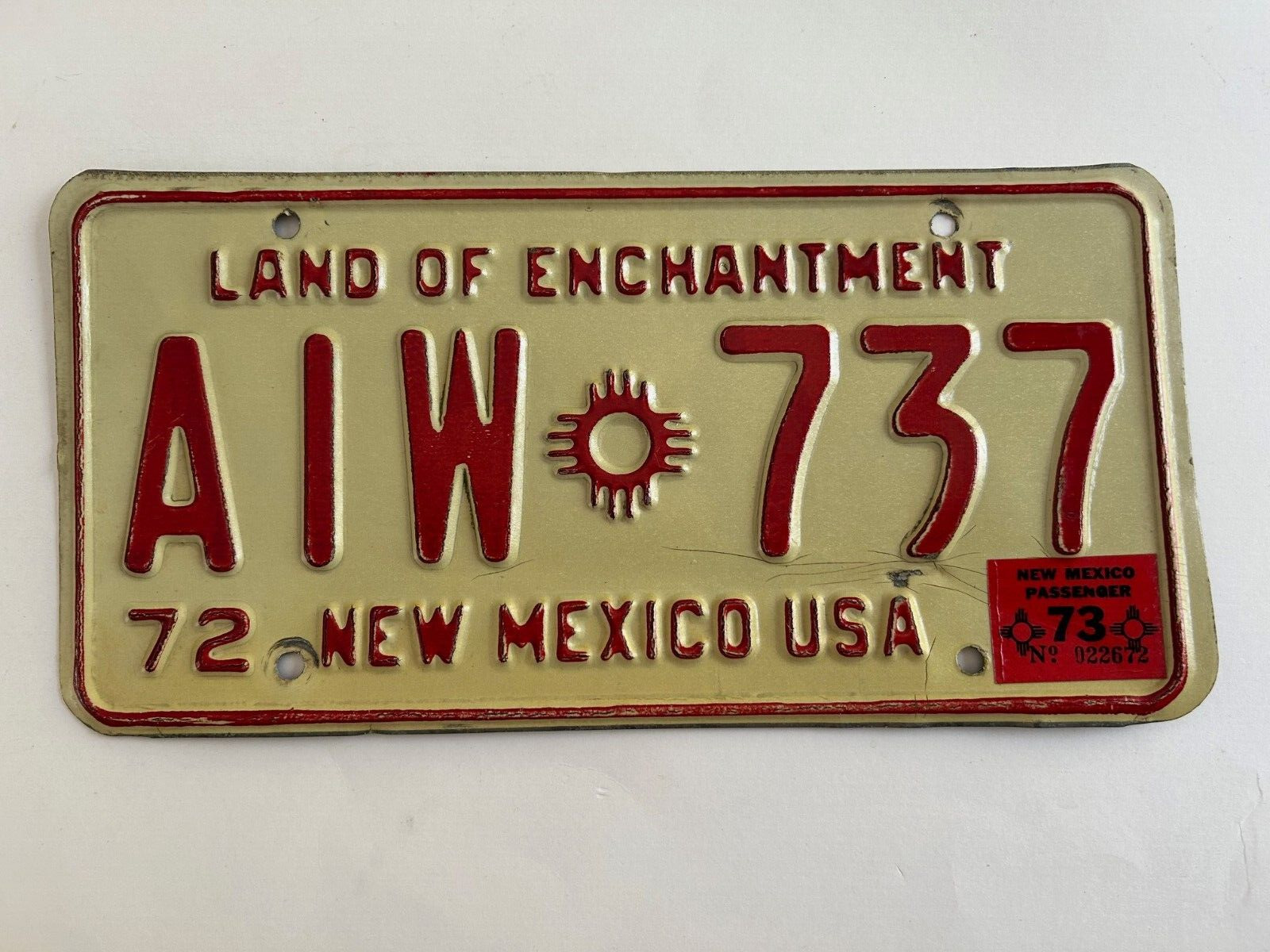 1973 New Mexico License Plate Natural Sticker on dated 1972 base 50+ Years Old