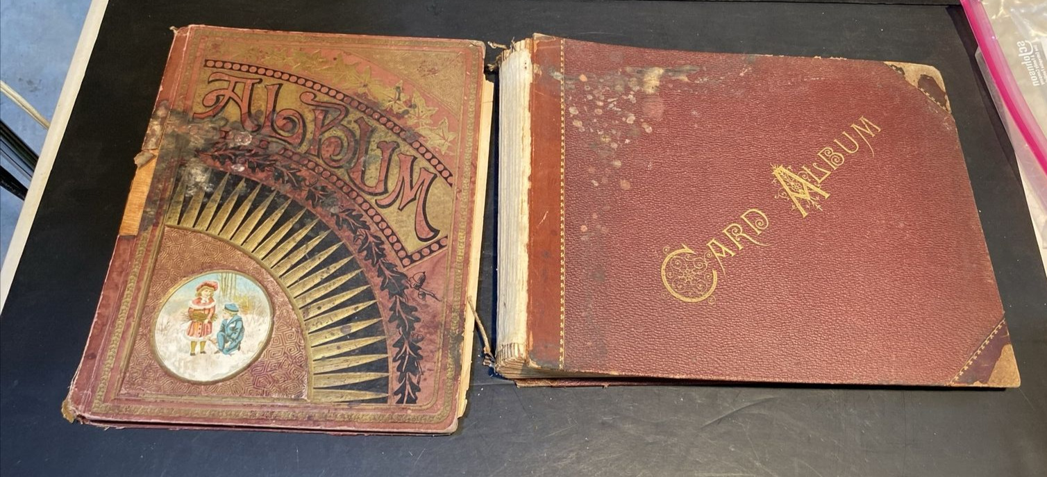 2 Antique Victorian Scrapbook Album Advertising Trade Calling Cards 60+ Pages