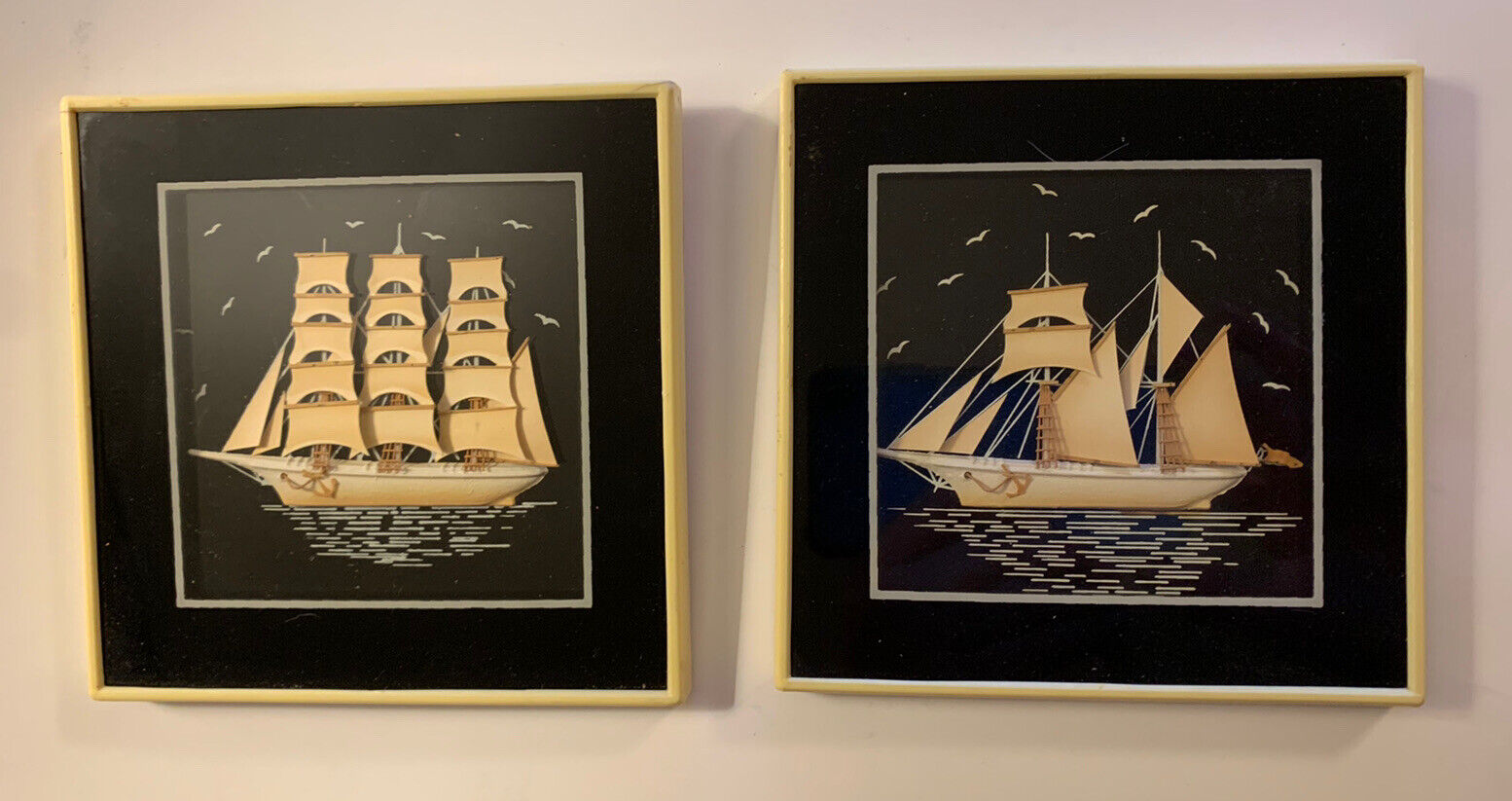 Pair of Vintage 3D Clipper Sailing Ship Wall Hanging Art 5 in x5 in