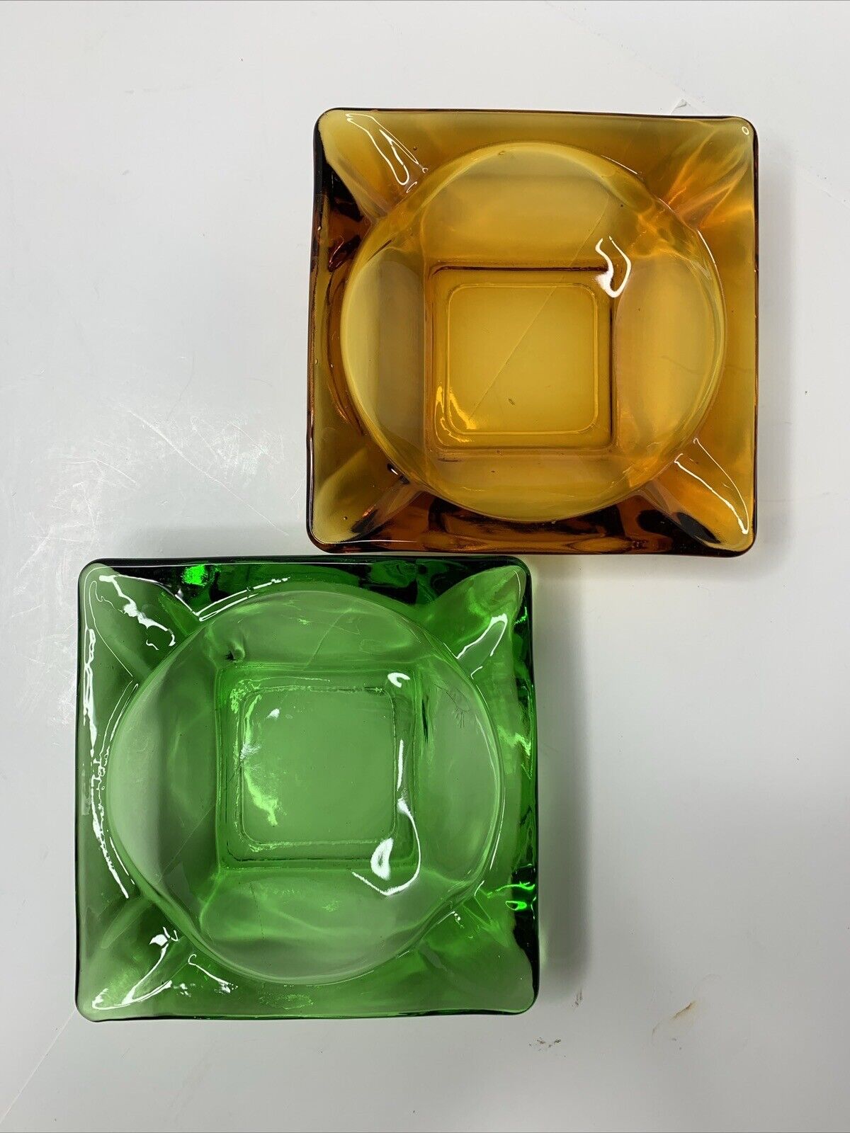 Vintage Anchor Hocking Glass Ashtrays Heavy MCM Amber Green Square Lot of 2