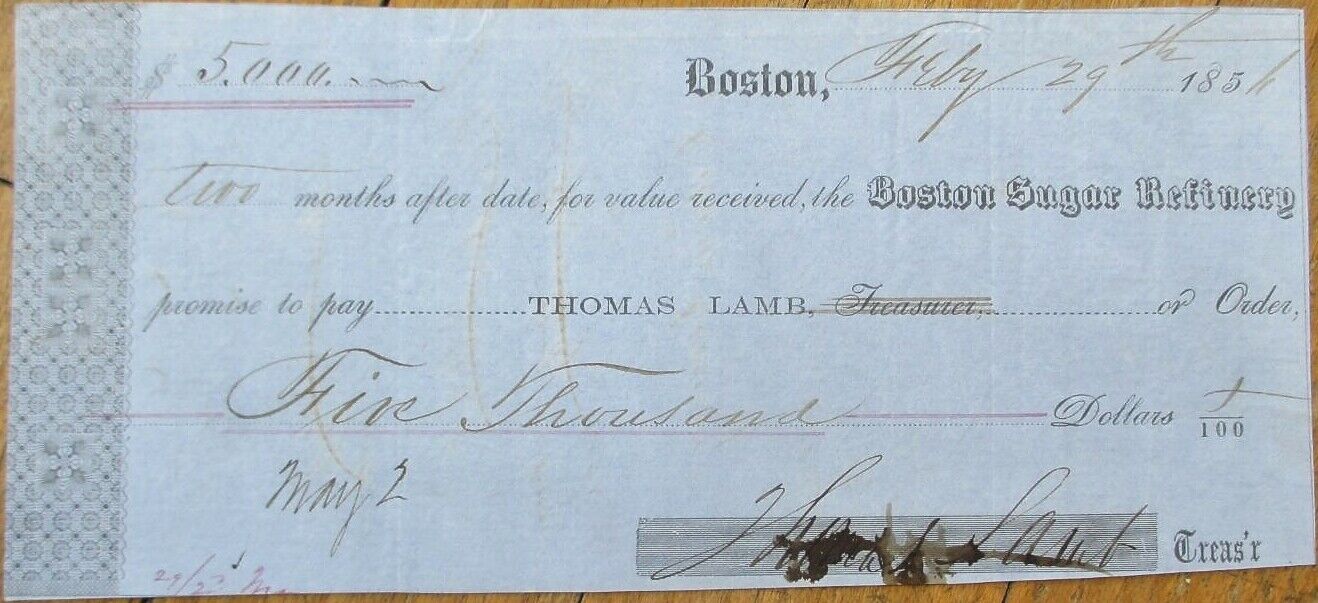 Boston Sugar Refinery 1854 Bank Check, Promissory Note, MA Massachusetts Mass