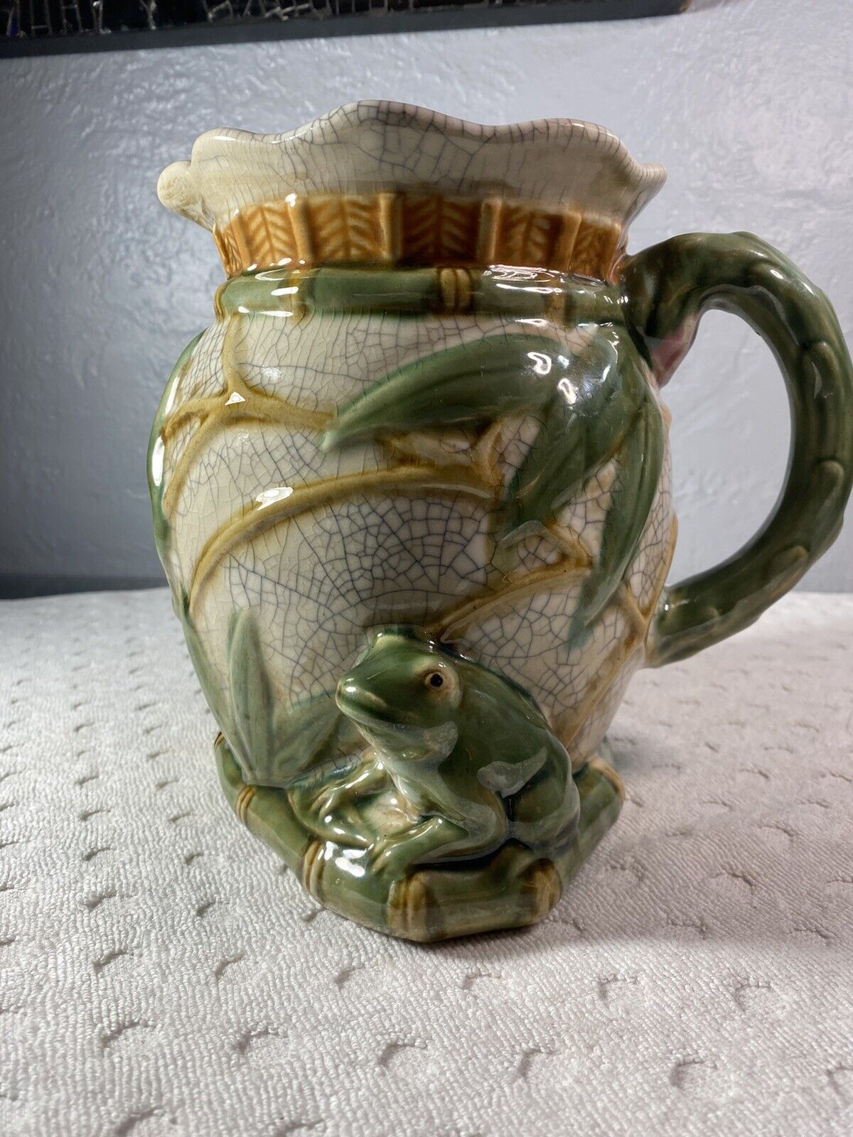 Vintage Chinese Pitcher with Frogs bamboo And Lily Pads made by Oriental Accents