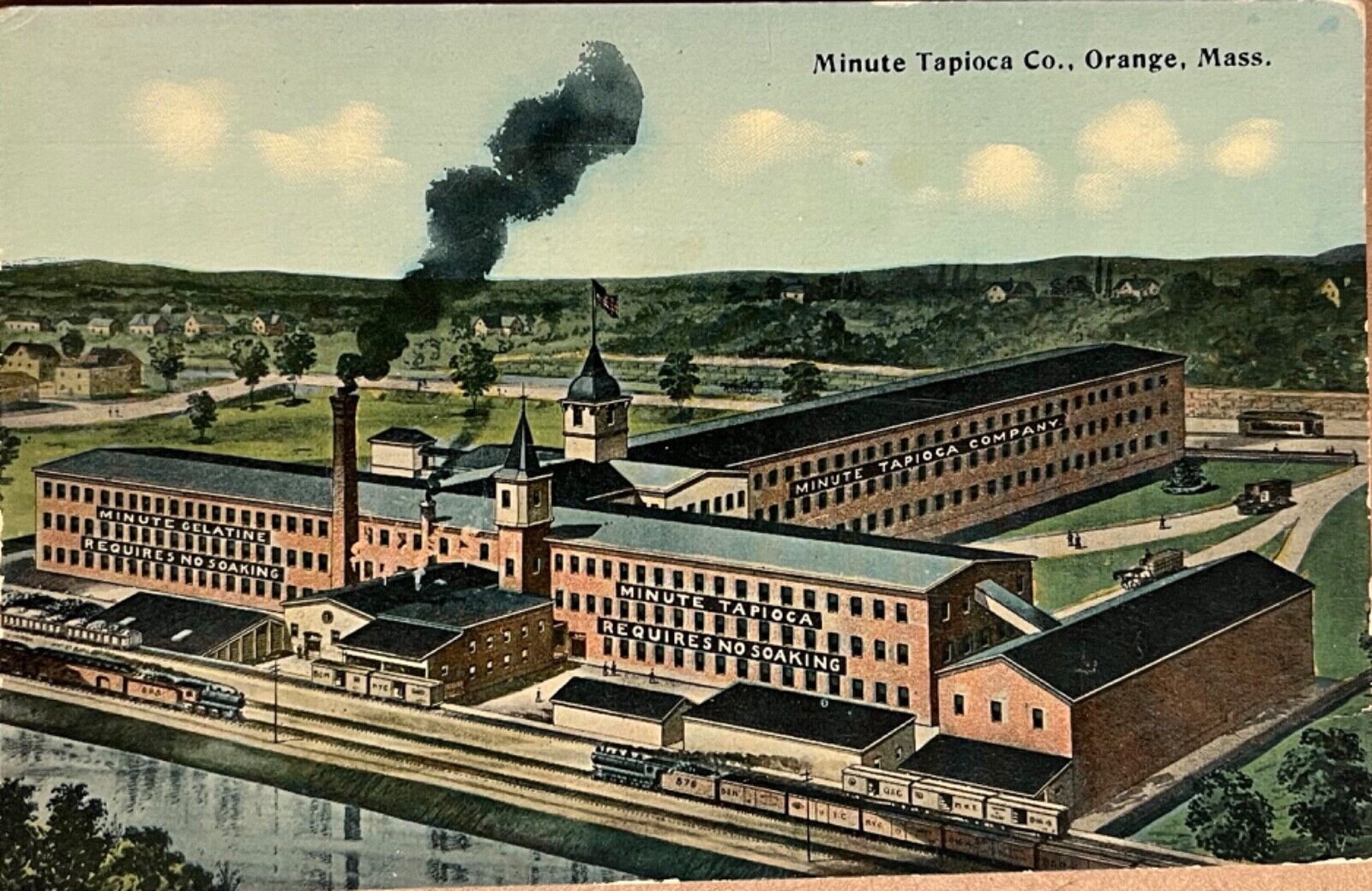 Orange Massachusetts Minute Tapioca Factory Trains Antique Postcard c1910