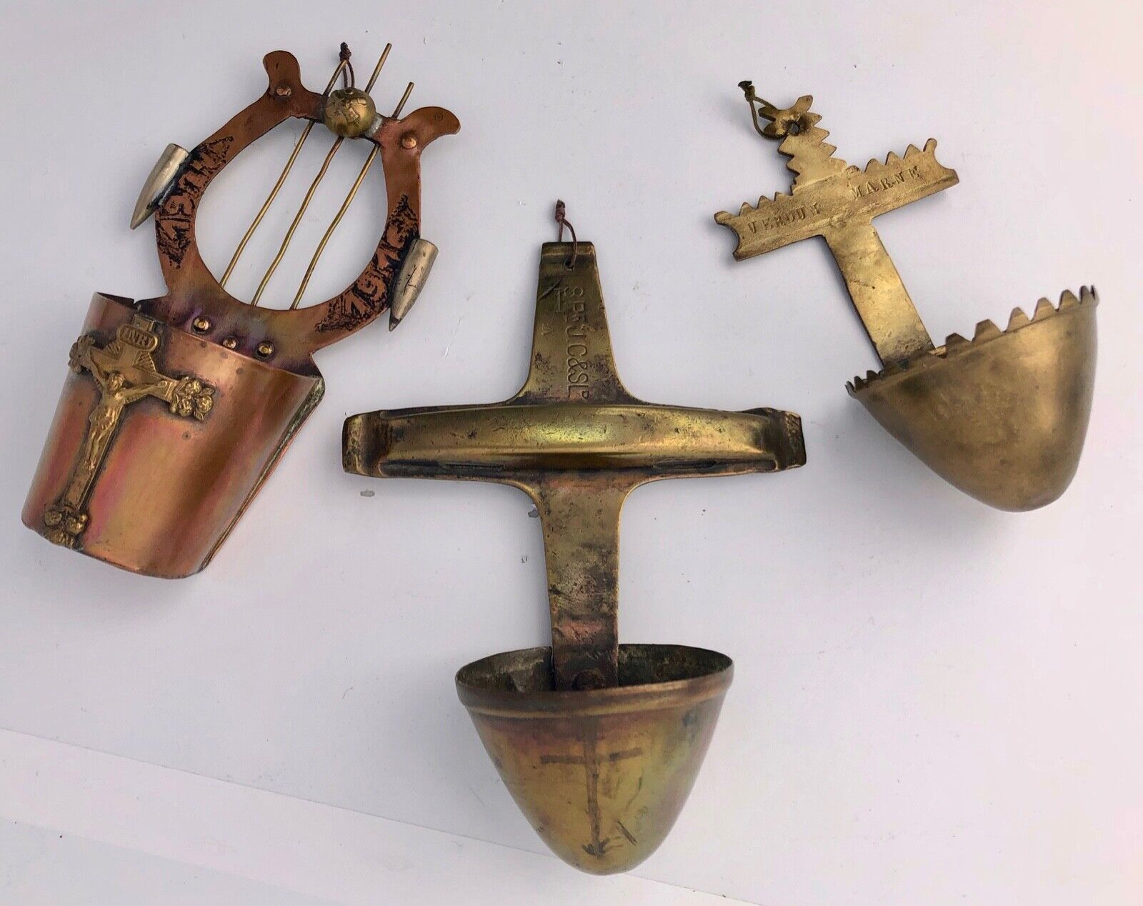 Three Brass and Copper Trench Art Holy Water Fonts/Benitiers with Crosses, 1900s