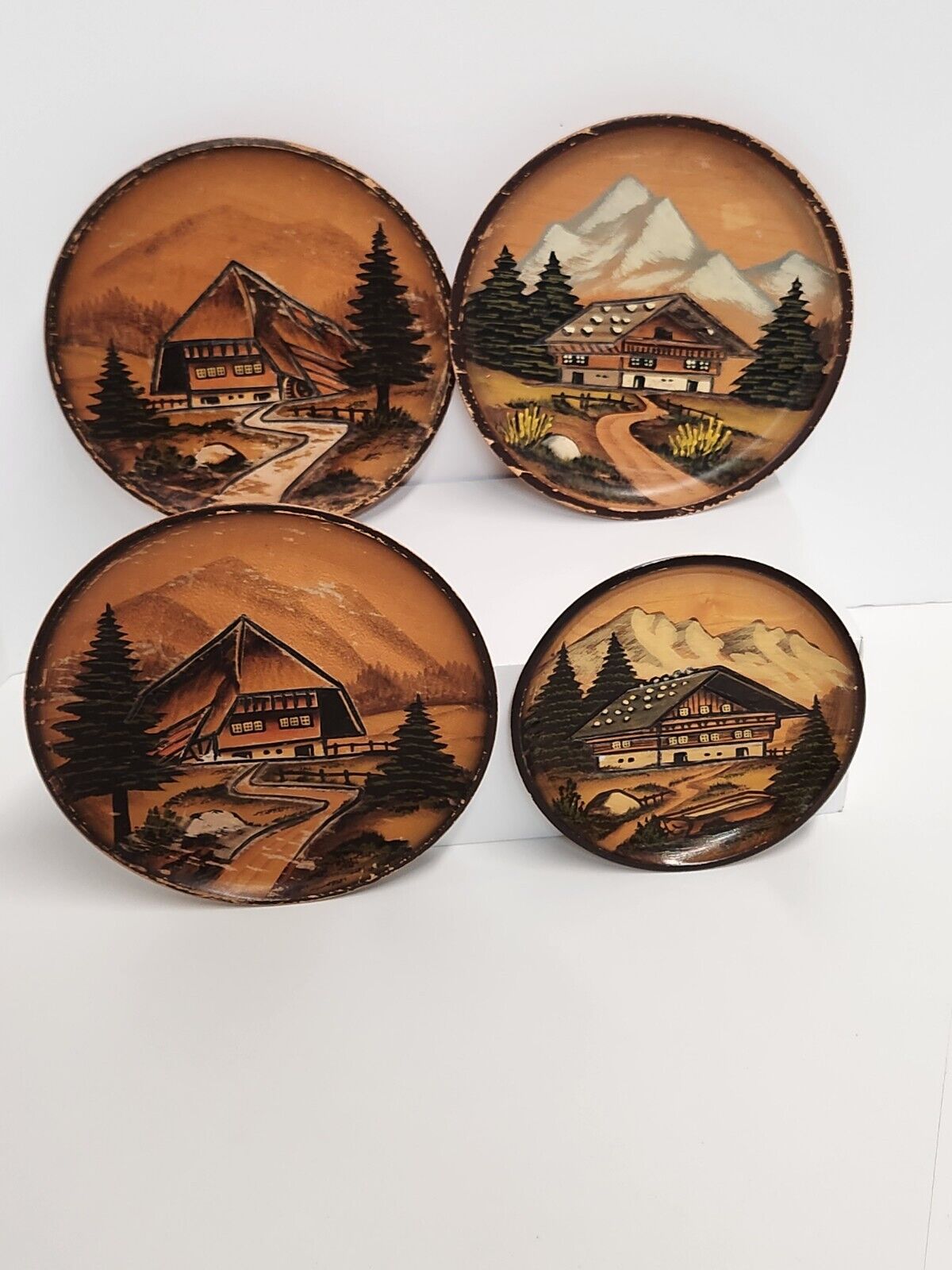 Set Of 4 Vintage Hand Carved/Hand Painted Wood Plates