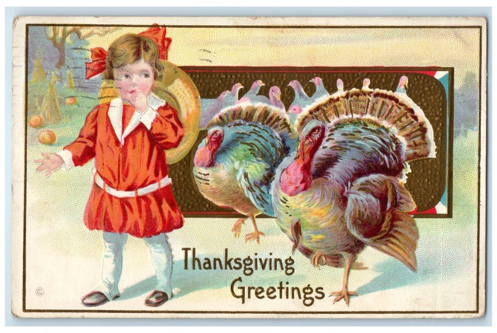 1913 Thanksgiving Greetings Girl And Turkeys Embossed Hartford CT Postcard