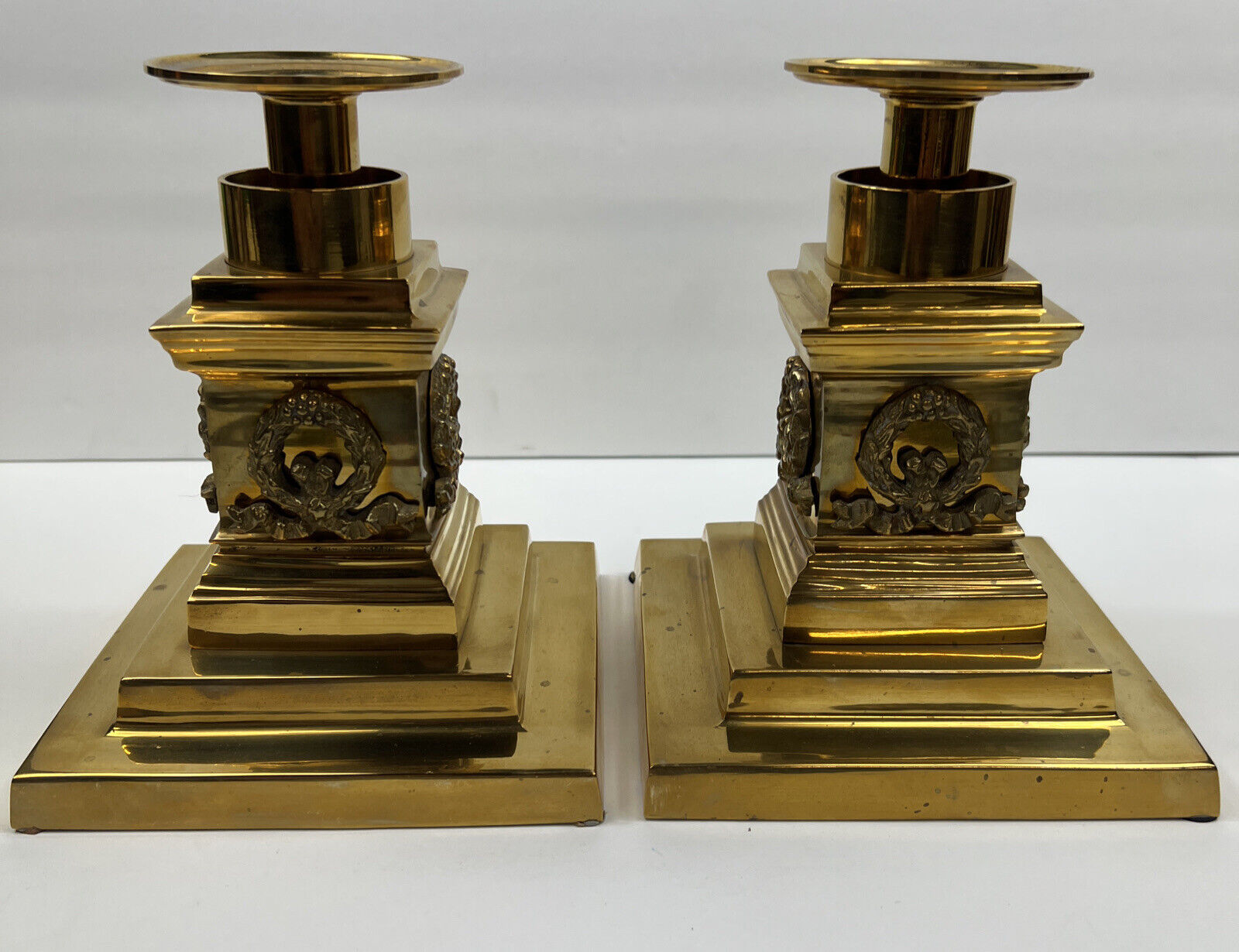 Two Vintage Brass Candle Holders. Converts From Candle To 2 Inch Round.