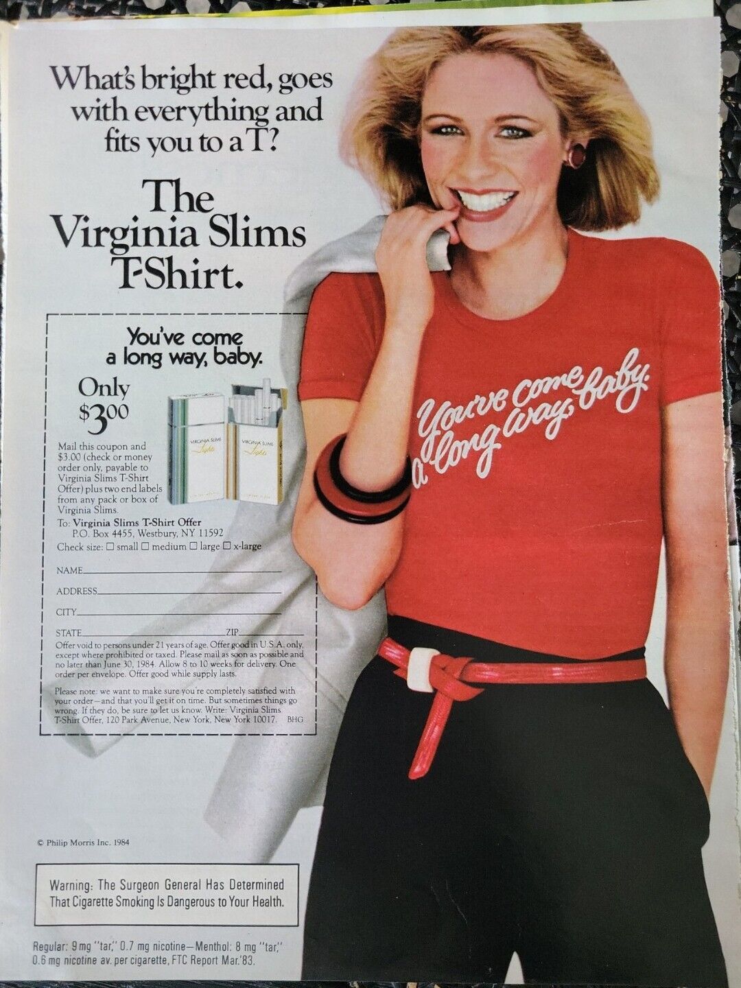 1984 Virginia Slims cigarette You\'ve come a long way baby Red T-shirt vintage ad