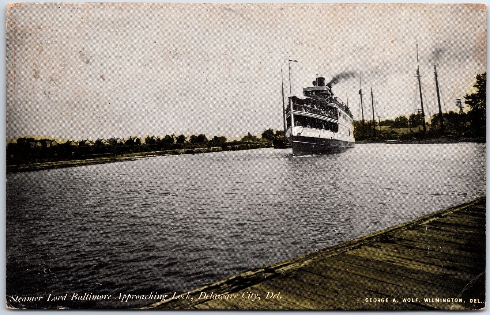 VINTAGE POSTCARD LORD BALTIMORE STEAMER APPROACHING DELAWARE CITY DELAWARE 1906