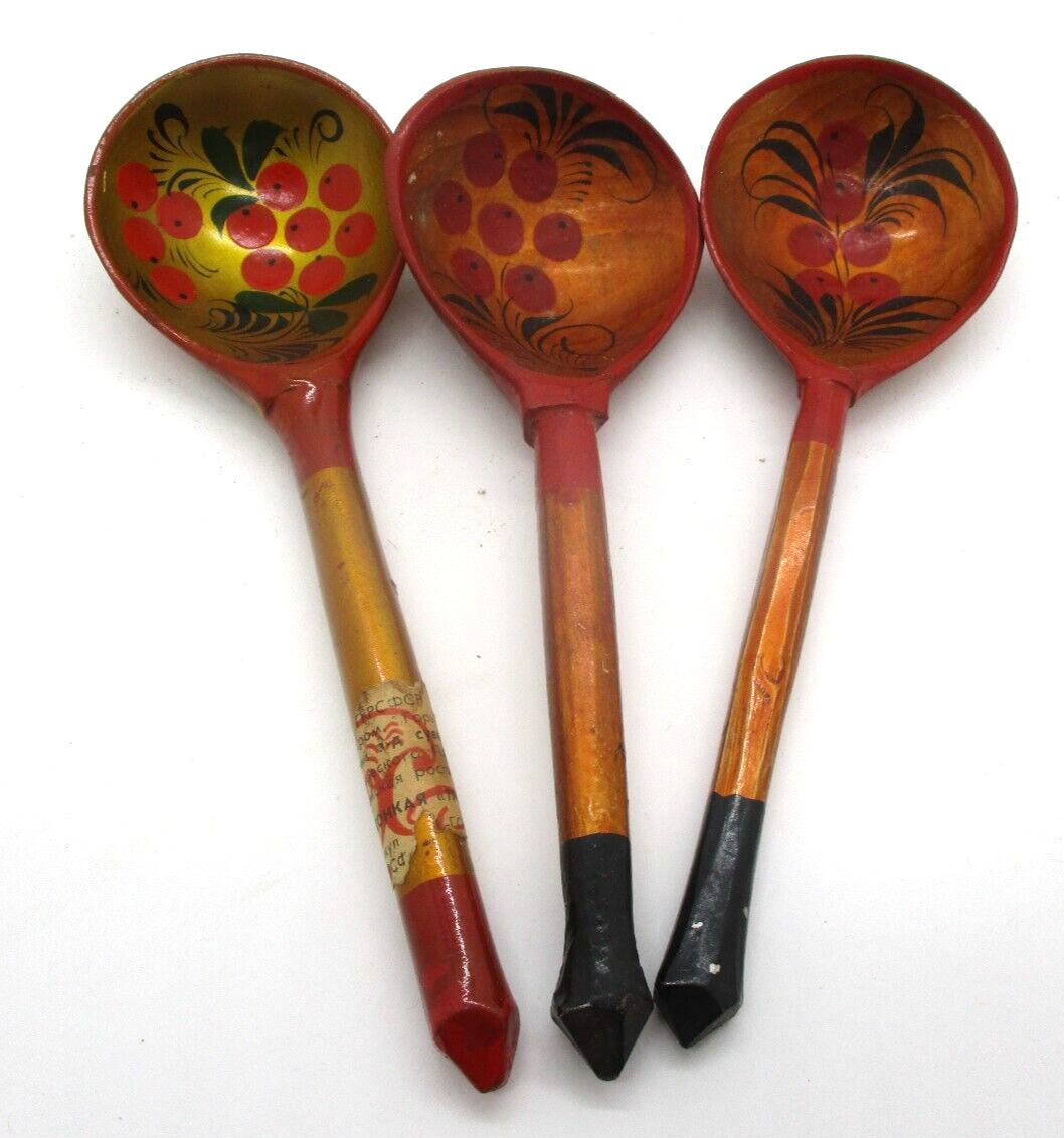 3 Vintage Russian Handpainted Wood Spoons