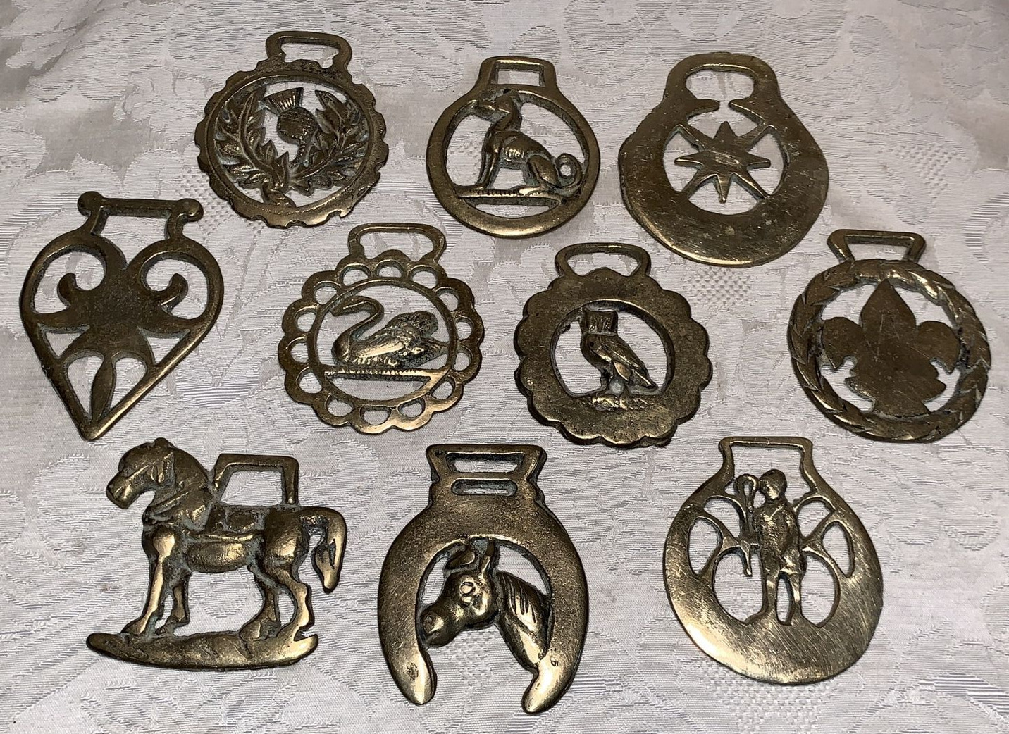 Lot of 10 Vintage English Brass Horse Bridle Medallions - All Different Designs