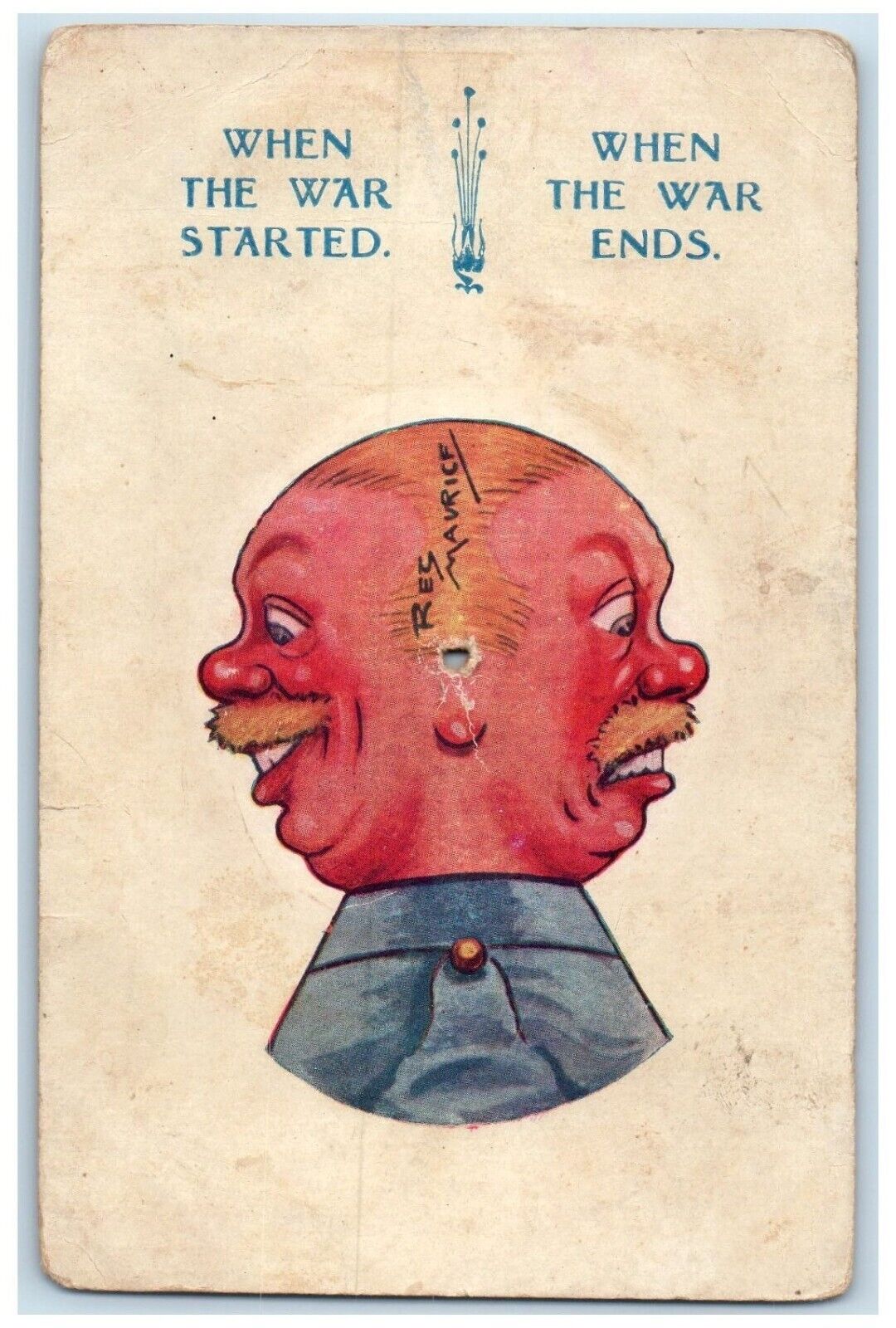 c1910\'s Man Face When The War Started When The War Ends WWI Antique Postcard