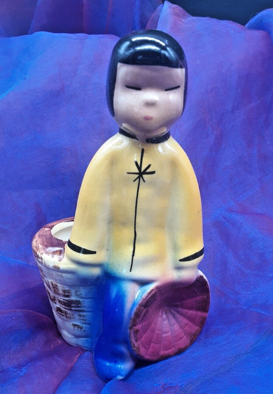 Asian Girl Yellow clothes Hand Painted Planter Vintage Figurine Succulent Holder