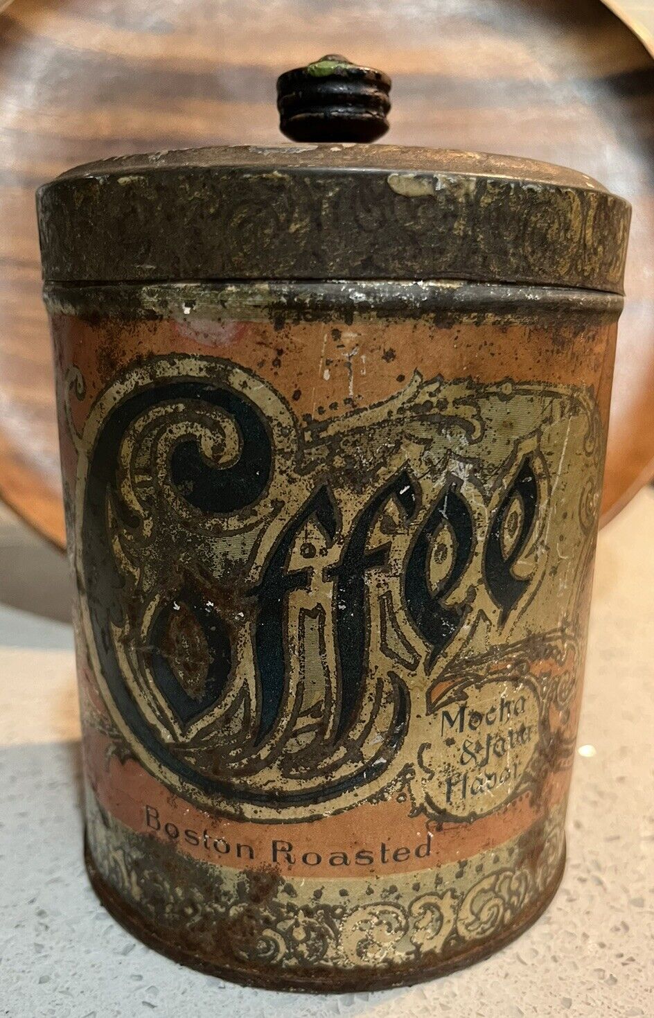 Antique Boston Souvenir Coffee Can Tin Thos. Wood & Co Boston One Pound Can