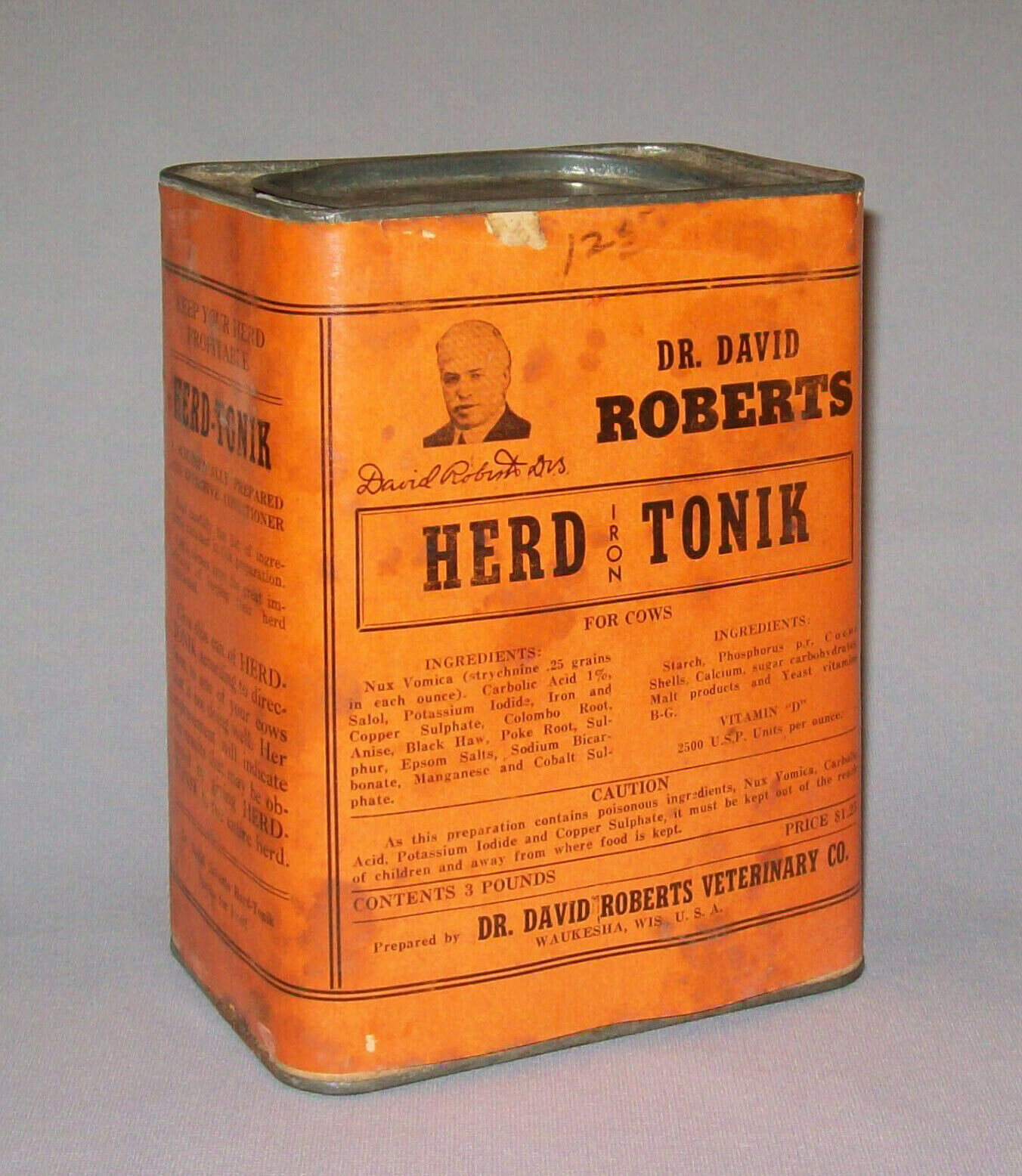 Antique Vtg Ca 1900s Iron Herd Tonik Tonic Cattle Cow Dr Roberts Paper Label Can