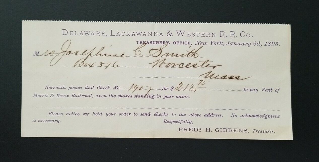 1895 Delaware, Lackawanna & Western R.R. Co. RECEIPT ~ New York 
