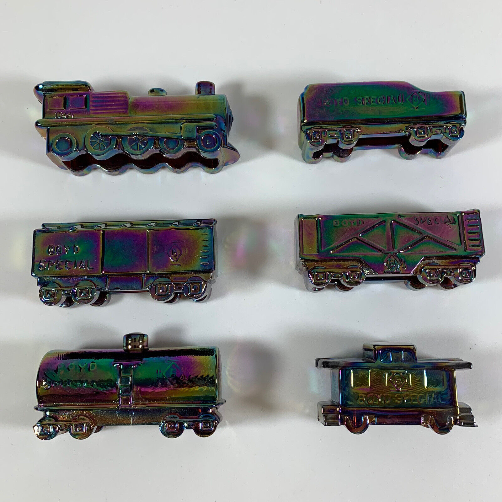 VTG Boyd Special Purple Green Yellow Iridescent Molded Glass Train Set, 6 Pcs
