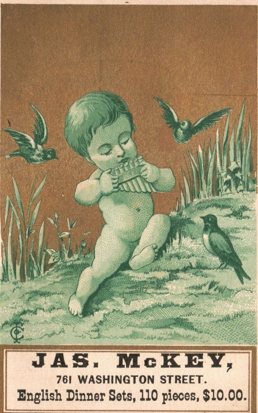 1880s-90s Small Boy Birds Music JAS McKey English Dinner Sets Trade Card